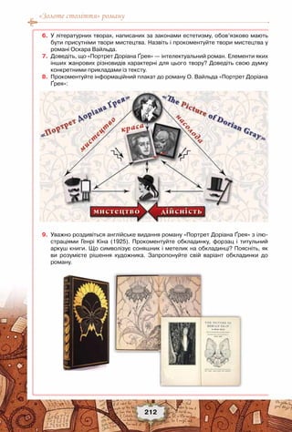 «Золоте століття» роману
212
	 6.	 У літературних творах, написаних за законами естетизму, обов’язково мають
бути присутніми твори мистецтва. Назвіть і прокоментуйте твори мистецтва у
романі Оскара Вайльда.
	 7.	 Доведіть, що «Портрет Доріана Ґрея» — інтелектуальний роман. Елементи яких
інших жанрових різновидів характерні для цього твору? Доведіть свою думку
конкретними прикладами із тексту.  	
	 8.	 Прокоментуйте інформаційний плакат до роману О. Вайльда «Портрет Доріана
Ґрея»:
	 9.	 Уважно роздивіться англійське видання роману «Портрет Доріана Ґрея» з ілю-
страціями Генрі Кіна (1925). Прокоментуйте обкладинку, форзац і титульний
аркуш книги. Що символізує соняшник і метелик на обкладинці? Поясніть, як
ви розумієте рішення художника. Запропонуйте свій варіант обкладинки до	
роману.  
 