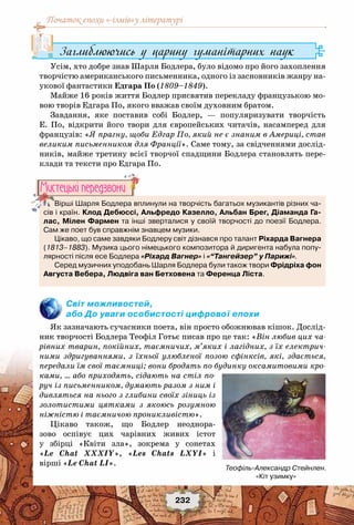 Початок епохи «-ізмів»у літературі
232
Теофіль-Александр Стейнлен.
«Кіт узимку»
Вірші Шарля Бодлера вплинули на творчість багатьох музикантів різних ча-
сів і країн. Клод Дебюссі, Альфредо Казелло, Альбан Брег, Діаманда Га-
лас, Мілен Фармен та інші зверталися у своїй творчості до поезії Бодлера.
Сам же поет був справжнім знавцем музики.
Цікаво, що саме завдяки Бодлеру світ дізнався про талант Ріхарда Вагнера
(1813–1883). Музика цього німецького композитора й диригента набула попу-
лярності після есе Бодлера «Ріхард Вагнер» і «“Тангейзер” у Парижі».
Серед музичних уподобань Шарля Бодлера були також твори Фрідріха фон
Августа Вебера, Людвіга ван Бетховена та Ференца Ліста.
Мистецькi передзвони
Заглиблюючись у царину гуманітарних наук
Усім, хто добре знав Шарля Бодлера, було відомо про його захоплення
творчістю американського письменника, одного із засновників жанру на-
укової фантастики Едгара По (1809–1849).
Майже 16 років життя Бодлер присвятив перекладу французькою мо-
вою творів Едгара По, якого вважав своїм духовним братом.
Завдання, яке поставив собі Бодлер, — популяризувати творчість
Е. По, відкрити його твори для європейських читачів, насамперед для
французів: «Я прагну, щоби Едгар По, який не є знаним в Америці, став
великим письменником для Франції». Саме тому, за свідченнями дослід-
ників, майже третину всієї творчої спадщини Бодлера становлять пере-
клади та тексти про Едгара По.
Світ можливостей,
або До уваги особистості цифрової епохи
Як зазначають сучасники поета, він просто обожнював кішок. Дослід-
ник творчості Бодлера Теофіл Готьє писав про це так: «Він любив цих ча-
рівних тварин, покійних, таємничих, м’яких і лагідних, з їх електрич-
ними здригуваннями, з їхньої улюбленої позою сфінксів, які, здається,
передали їм свої таємниці; вони бродять по будинку оксамитовими кро-
ками, … або приходять, сідають на стіл по-
руч із письменником, думають разом з ним і
дивляться на нього з глибини своїх зіниць із
золотистими цятками з якоюсь розумною
ніжністю і таємничою проникливістю».
Цікаво також, що Бодлер неоднора-
зово оспівує цих чарівних живих істот
у збірці «Квіти зла», зокрема у сонетах
«Le Chat XXXIY», «Les Chats LXYI» і
вірші «Le Chat LI».
 