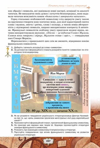 Початок епохи «-ізмів»у літературі
237
ких образів і символів, які навіювали певні настрої, асоціації та аналогії
читачам. Не виказуючи своїх думок і почуттів безпосередньо, вони нада-
вали читачам можливість самим «домислити і завершити написане».
Серед стильових особливостей символізму слід звернути увагу також
на прагнення створити нову поетичну мову, для якої характерний синтез
слова і музики, змісту і ритму, слова і кольору, а також певна абстракт-
ність у відтворенні символів, широке використання контрасту й антите-
зи. Французькі символісти особливу увагу приділяли музиці вірша, ак-
тивно використовували звукопис. «Поезія — це водночас Слово і Музика.
Словом вона говорить і міркує, Музикою співає і мріє», — стверджував
поет Стюарт Мервіль.
Переконатися у правильності цих слів ви зможете, відкривши поезію
французьких символістів.
	 1.	 Доберіть і запишіть асоціації до слова «символізм».
	 2.	 За допомогою інформаційного плаката розкрийте поняття «символізм» як літе-
ратурна течія модернізму.
	 3.	 Як ви розумієте твердження українського літературознавця Дмитра Наливай-
ка про те, що «крізь символізм пролягали магістральні лінії руху європейської
поезії»?
	 4.	 Прокоментуйте інформаційний плакат, присвячений французькому символізму.
	 5.	 На прикладі уже відомих вам творів Ш. Бодлера проілюструйте літературні	
знахідки французького символізму.
	 6.	 Розкажіть про взаємодію символізму й імпресіонізму в літературі.
	 7.	 Підготуйте повідомлення про вплив французького символізму на розвиток
української літератури.
?
 