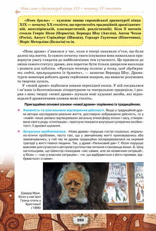Нове слово у драматургії кінця XIX – початку XX століття
260
«Нова драма» — художнє явище європейської драматургії кінця
ХІХ — початку ХХ століття, що протистоїть традиційній драмі (антич-
ній, шекспірівській, класицистичній, реалістичній). Біля її витоків
стояли Генрік Ібсен (Норвегія), Бернард Шоу (Англія), Антон Чехов
(Росія), Август Стріндберґ (Швеція), Герхарт Гауптман (Німеччина),
Моріс Метерлінк (Бельгія) та ін.
«Нова драма» з’явилася у час, коли в театрі панували п’єси, що були
далекі від життя. Із самого початку свого існування вона намагалася при-
вернути увагу глядачів до найболючіших тем сучасності. Це призвело до
зміни самого статусу драми, яка перестає бути тільки джерелом насолоди
і розваги для публіки. «Функція театру полягає у тому, щоб збуджува-
ти людей, примушувати їх думати», — зазначає Бернард Шоу. Драма-
турги-новатори роблять драму серйозним жанром, що вимагає розумових
та творчих зусиль.
У «новій драмі» відбилися ознаки перехідної епохи. У ній поєдналися
і зв’язок із багатовіковою літературною та театральною традицією, і роз-
рив з нею; творці «нової драми» шукали нові художні засоби, які відпо-
відали б драматичним зламам межі століть.
Пригадаймо основні ознаки «нової драми» порівняно із традиційною.
™™ Умовність та узагальнене відтворення дійсності. Якщо у традиційній дра-
мі автори наслідували реальне життя, достовірно зображаючи дійсність, то у
«новій» лише умовно відтворювали загальну атмосферу епохи і часу, створю-
вали свого роду «стилізацію», прагнучи показати внутрішні суперечки особис-
тості, її духовні шукання.
™™ Актуальна проблематика. «Нова драма» порушує гострі соціальні, мораль-
но-етичні проблеми, часто такі, що у звичайному житті приховувались або
замовчувались; у той час як драма традиційна зосереджувалася на окремій
трагедії у житті певної людини. Так, у драмі «Ляльковий дім» Г. Ібсен порушує
важливе для сучасного авторові суспільства питання становища жінки. Б. Шоу
наголошував, що Шекспір показував «нас самих, але за незвичних ситуацій»,
а Ібсен — «нас у власних ситуаціях», «те, що відбувається з його героями, від-
бувається і з нами».
Едвард Мунк.
Ібсен у кав’ярні
Гранд-отель у
Христианії
(1906)
 