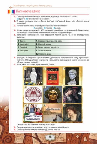 Мандруючи сторінками далеких епох
58
	 1.	 Сформулюйте по два-три запитання, відповідь на які була б такою: 	
а) Данте; б) «Божественна комедія».
	 2.	 З яким періодом життя Данте Аліґ’єрі пов’язаний його твір «Божественна	
комедія»?
	 3.	 Літературний жанр твору Данте «Божественна комедія»
	 	 		 	 	 А комедія    Б поема    В роман
	 4.	 Користуючись схемою (с. 43), розкрийте особливості композиції «Божествен-
ної комедії». Розкрийте значення числа «3» в побудові твору.
	 5.	 Установіть відповідність між образами поеми Данте та їхнім алегоричним	
змістом.
1 Данте А Людські пристрасті й вади
2 Хижі звірі Б Світлий розум
3 Вергілій В Божественна мудрість
4  Беатріче Г  Палке кохання
Д  Людська душа
	 6.	 Знайдіть в Інтернеті карти (схеми) Дантового потойбічного світу, прокомен-
туйте їх. Об’єднайтеся у групи та намалюйте свій варіант карти чи схеми до	
«Божественної комедії».
	 7.	 Розв’яжіть кроссенс, присвячений Данте.
	 	 Складіть на його основі зв’язну розповідь.
	 8.	 Схарактеризуйте концепцію світу і людини в поемі Данте.
	 9.	 Сформулюйте тему та ідею твору Данте Аліґ’єрі.
Пiдсумовуc-мо вивчене
1
4
7
5
8
3
9
6
2
abba abba cdc cdc
Vergilius
 