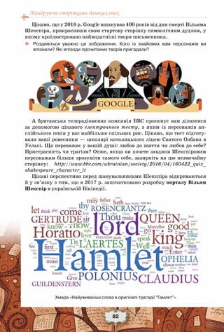 Мандруючи сторінками далеких епох
82
Хмара «Найуживаніші слова в оригіналі трагедії “Гамлет”»
Цікаво, що у 2016 р. Google вшанував 400 років від дня смерті Вільяма
Шекспіра, прикрасивши свою стартову сторінку символічним дудлом, у
якому проілюстровано найвидатніші твори письменника.
™™ Роздивіться уважно це зображення. Кого із знайомих вам персонажів ви	
впізнали? Які епізоди прочитаних творів пригадали?
™™
™™
™™
™™
™™
™™
А британська телерадіомовна компанія ВВС пропонує вам дізнатися
за допомогою цікавого електронного тесту, з яким із персонажів ан-
глійського генія у вас найбільше спільних рис. Цікаво, що тест підготу-
вали ваші ровесники — школярі католицького ліцею Святого Олбана в
Уельсі. Що переважає у вашій душі: любов до життя чи любов до себе?
Пристрасність чи трагізм? Отже, якщо ви хочете завдяки Шекспіровим
персонажам більше зрозуміти самого себе, зазирніть на цю незвичайну
сторінку: http://www.bbc.com/ukrainian/society/2016/04/160422_quiz_
shakespeare_character_it
Цікаві перспективи перед шанувальниками Шекспіра відкриваються
й у зв’язку з тим, що в 2017 р. започатковано розробку порталу Вільям
Шекспір в українській Вікіпедії.
 