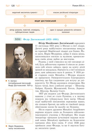 128 Роман ХІХ ст.
3.3.1 Федір Достоєвський (1821–1881)
Федір Михайлович Достоєвський народився
11 листопада 1821 року в Москві в сім’ї лікаря.
Дитячі роки майбутнього письменника минули
на території Маріїнської лікарні для бідних. Йо-
го мати, Марія Федорівна, добра й ніжна жінка,
захоплювалася поезією та музикою, прищеплю-
вала своїм дітям любов до мистецтва.
Родина, у якій з’явилися на світ восьмеро ді-
тей, була забезпечена скромно й ніколи не дозво-
ляла собі нічого зайвого, проте на освіту дітей
грошей не шкодувала. Навчати їх у сім’ї починали
рано, цим займалися мати й диякон. У 1834 ро-
ці старших синів Михайла і Федора віддали
до приватного Університетського благородного
пансіону, що був сходинкою для вступу до уні-
верситету. Тут Федір захопився літературою. Він
багато читав, його улюблені автори — Шекспір,
Байрон, Пушкін, Жуковський, Гоголь, Лермон-
тов, Шиллер, Вальтер Скотт.
1837 рік видався для Федора Достоєвського
важким: у січні не стало Пушкіна, а в лютому
померла від туберкульозу його матір. Обидві
події майбутній письменник переживав важко,
він зізнався братові, що якби не сімейний траур,
обов’язково носив би жалобу по Пушкіну.
Після втрати дружини Михайло Андрійович
вирішив віддати синів до Головного військово-
інженерного училища в Петербурзі. Він подав
імператору прохання (училищем керував вели-
кий князь Михайло) прийняти на безоплатне
навчання обох його синів. У січні 1838 року
прийняли лише Федора, та ще й змусили бать-
ка заплатити гроші.
автор романів, повістей, оповідань,
публіцистичних творів
один із кращих романістів світового
значення
класик російської літературивидатний мислитель-гуманіст
ФЕДІР ДОСТОЄВСЬКИЙ
Марія Федорівна,
матір письменника
К. Шапіро
(петербурзький фотограф).
Федір Достоєвський. 1879 р.
Право для безоплатного розміщення підручника в мережі Інтернет має
Міністерство освіти і науки України http://mon.gov.ua/ та Інститут модернізації змісту освіти https://imzo.gov.ua
 