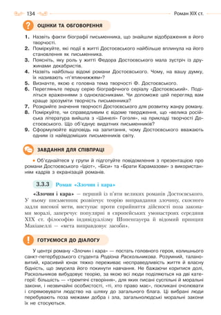 134 Роман ХІХ ст.
1. Назвіть факти біографії письменника, що знайшли відображення в його
творчості.
2. Поміркуйте, які події в житті Достоєвського найбільше вплинула на його
становлення як письменника.
3. Поясніть, яку роль у житті Федора Достоєвського мала зустріч із дру-
жинами декабристів.
4. Назвіть найбільш відомі романи Достоєвського. Чому, на вашу думку,
їх називають «п’ятикнижжям»?
5. Визначте, якою є головна тема творчості Ф. Достоєвського.
6. Перегляньте першу серію біографічного серіалу «Достоєвський». Поді-
літься враженнями з однокласниками. Чи допоможе цей перегляд вам
краще зрозуміти творчість письменника?
7. Розкрийте значення творчості Достоєвського для розвитку жанру роману.
8. Поміркуйте, чи справедливим є відоме твердження, що «велика росій-
ська література вийшла з «Шинелі» Гоголя», на прикладі творчості До-
стоєвського. Що об’єднує видатних письменників?
9. Сформулюйте відповідь на запитання, чому Достоєвського вважають
одним із найвідоміших письменників світу.
Об’єднайтеся у групи й підготуйте повідомлення з презентацією про
романи Достоєвського «Ідіот», «Біси» та «Брати Карамазови» з використан-
ням кадрів з екранізацій романів.
3.3.3 Роман «Злочин і кара»
«Злочин і кара» — перший із п’яти великих романів Достоєвського.
У ньому письменник розвінчує теорію виправдання злочину, скоєного
задля високої мети, виступає проти сприйняття дійсності поза закона-
ми моралі, заперечує популярні в європейських умонастроях середини
XIX ст. філософію індивідуалізму Шопенгауера й відомий принцип
Макіавеллі — «мета виправдовує засоби».
У центрі роману «Злочин і кара» — постать головного героя, колишнього
санкт-петербурзького студента Родіона Раскольникова. Розумний, талано-
витий, красивий юнак тяжко переживає несправедливість життя й власну
бідність, що змусила його покинути навчання. Не бажаючи коритися долі,
Раскольников вибудовує теорію, за якою всі люди поділяються на дві кате-
горії: більшість — «тремтячі створіння», для яких писані суспільні й моральні
закони, і незвичайні особистості, «ті, хто право має», покликані очолювати
і спрямовувати людство на шляху до загального блага. Ці вибрані люди
перебувають поза межами добра і зла, загальнолюдські моральні закони
їх не стосуються.
ОЦІНКИ ТА ОБГОВОРЕННЯ
ЗАВДАННЯ ДЛЯ СПІВПРАЦІ
ГОТУЄМОСЯ ДО ДІАЛОГУ
Право для безоплатного розміщення підручника в мережі Інтернет має
Міністерство освіти і науки України http://mon.gov.ua/ та Інститут модернізації змісту освіти https://imzo.gov.ua
 