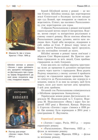 140 Роман ХІХ ст.
Інший біблійний мотив у романі — це мо-
тив Єгипту. Біблійна оповідь про перетворення
землі Єгипетської в безлюдну пустелю нагадує
про суд Божий, про покарання за свавілля та
жорстокість. Єгипет, що наснився Раскольнико-
ву, стає пересторогою для героя.
З образом Раскольникова в романі пов’язаний
євангельський мотив смерті й воскресіння. Влас-
не, мотив смерті та воскресіння реалізовано в
самому сюжеті роману. Після скоєння вбивства
Раскольников умирає духовно, життя наче по-
лишає його. Герой ніби воскресає, відкривши в
собі любов до Соні. У фіналі твору читач не
бачить каяття Раскольникова, проте зрозуміло,
що він потенційно готовий до нього.
Біблійні мотиви в романі також пов’язані з
образом Соні Мармеладової. Як Христос при-
йняв страждання за всіх людей, Соня приймає
страждання за своїх близьких.
Соня мислить як глибоко віруюча християн-
ка: шлях до прощення й духовного воскресіння
лежить через каяття і страждання. Вона радить
Родіону покаятися у своєму злочині й прийняти
каторгу як страждання заради прощення. Гаря-
че співчуття до Раскольникова, яке переросло в
кохання, повело її за ним на каторгу, щоб бути
поруч, коли для нього настане день прозріння.
І цей день прийшов.
Останній сон Раскольникова співвідноситься
з біблійним пророцтвом Апокаліпсису.
Українською мовою роман Достоєвського пе-
реклали М. Подолинський та І. Сергеєв. Пере-
клад М. Подолинського «Вина і кара» був ви-
даний 1927 році у Вінніпезі, Канада. Переклад
І. Сергеєва «Злочин і кара» з’явився в 1958 ро-
ці. Цю книжку було перевидано в 2014 році з
ілюстраціями С. Якутовича.
Екранізації роману
«Злочин і кара», Росія, 1913 р. — перша
екранізація роману.
«Раскольников», Німеччина, 1923 р. —
фільм за мотивами роману.
«Злочин і кара», Франція, 1956 р. — фільм
за мотивами роману.
Микола Ге. Що є істина.
Христос і Пілат. 1890 р.
Біблійні мотиви в романі
«Злочин і кара» допомага-
ють зрозуміти попереджен-
ня Достовського про страш-
ну прірву бездуховності, до
якої може потрапити люд-
ство, ігноруючи мораль.
Постер рок-опери
«Злочин і кара». Росія.
2016 р.
Право для безоплатного розміщення підручника в мережі Інтернет має
Міністерство освіти і науки України http://mon.gov.ua/ та Інститут модернізації змісту освіти https://imzo.gov.ua
 