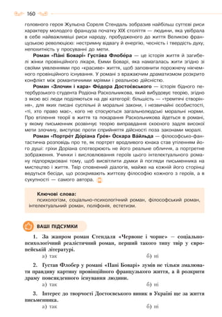 160
головного героя Жульєна Сореля Стендаль зобразив найбільш суттєві риси
характеру молодого француза початку XIX століття — людини, яка увібрала
в себе найважливіші риси народу, пробудженого до життя Великою фран-
цузькою революцією: нестримну відвагу й енергію, чесність і твердість духу,
непохитність у просуванні до мети.
Роман «Пàні Бовар³» Густàва Флобåра — це історія життя й загибе-
лі жінки провінційного лікаря, Емми Боварі, яка намагалась жити згідно зі
своїми уявленнями про «красиве» життя, щоб заповнити порожнечу нікчем-
ного провінційного існування. У романі з вражаючим драматизмом розкрито
конфлікт між романтичними мріями і реальною дійсністю.
Роман «Злочин і кара» Фåдора Достоºвського — історія бідного пе-
тербурзького студента Родіона Раскольникова, який вибудовує теорію, згідно
з якою всі люди поділяються на дві категорії: більшість — «тремтячі створін-
ня», для яких писані суспільні й моральні закони, і незвичайні особистості,
«ті, хто право має», кого не стосуються загальнолюдські моральні норми.
Про втілення теорії в життя та покарання Раскольникова йдеться в романі,
у якому письменник розвінчує теорію виправдання скоєного задля високої
мети злочину, виступає проти сприйняття дійсності поза законами моралі.
Роман «Портрåт Дîріана Ґрåя» Îскара Вàйльда — філософсько-фан-
тастична розповідь про те, як портрет вродливого юнака став утіленням йо-
го душі: гріхи Доріана спотворюють не його реальне обличчя, а портретне
зображення. Учинки і висловлювання героїв цього інтелектуального рома-
ну підпорядковані тому, щоб висвітлити думки й погляди письменника на
мистецтво і життя. Твір сповнений діалогів, майже на кожній його сторінці
ведуться бесіди, що розкривають життєву філософію кожного з героїв, а в
сукупності — самого автора.
Ключові слова:
психологізм, соціально-психологічний роман, філософський роман,
інтелектуальний роман, поліфонія, естетизм.
1. За жанром роман Стендаля «Червоне і чорне» — соціально-
психологічний реалістичний роман, перший такого типу твір у євро-
пейській літературі.
а) так б) ні
2. Густав Флобер у романі «Пані Боварі» зумів не тільки змалюва-
ти правдиву картину провінційного французького життя, а й розкрити
драму повсякденного існування людини.
а) так б) ні
3. Інтерес до творчості Достоєвського виник в Україні ще за життя
письменника.
а) так б) ні
ВАШІ ПІДСУМКИ
Право для безоплатного розміщення підручника в мережі Інтернет має
Міністерство освіти і науки України http://mon.gov.ua/ та Інститут модернізації змісту освіти https://imzo.gov.ua
 