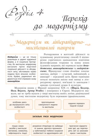 Модернізм як літературно-
мистецький напрям
Розчарування в життєвій дійсності та
художньому реалістичному способі її відтво-
рення спричинило зацікавлення новітніми
філософськими теоріями та появу нових
художніх напрямів, які отримали назви дека-
дентських, авангардистських та модерніст-
ських. Французьке слово декаданс означає
занепад, модерн — сучасний, найновіший, а
авангард — передовий загін. Цими термінами
почали позначати якісно нові явища в літе-
ратурному процесі, пов’язані із занепадом і
кризою суспільної думки й культури.
Модернізм виник у Франції наприкінці XIX ст. (Шарль Бодлер,
Поль Верлен, Артюр Рембо) і поширився в Європі. Модерністи вва-
жали, що не треба шукати у творі мистецтва якоїсь логіки, раціональної
думки, тому мистецтво модернізму було переважно ірраціональним.
Модернізм  — це не тільки
революція в царині художньої
форми, а й соціальне бунтар-
ство, бо мистецтво модернізму
виступало проти жорстокої
соціальної дійсності та абсурд-
ності світу, обстоювало право
людини бути вільною особис-
тістю. Крайні, радикальні мо-
дерністські течії отримали назву
авангардизм.
особлива увага
до внутрішнього світу
особистості
пошук нових
засобів у мистецтві
(метамова, символіка,
міфотворчість тощо)
надання переваги
творчій інтуїції
прагнення відкрити
нові ідеї, що перетво-
рять світ за законами
краси і мистецтва
проголошення
самоцінності людини
та мистецтва
розуміння літератури як найвищо-
го знання, здатного проникати
у найінтимніші глибини існування
особистості та одухотворити світ
ЗАГАЛЬНІ РИСИ МОДЕРНІЗМУ
Перехід
до модернізму
Розділ 4
Право для безоплатного розміщення підручника в мережі Інтернет має
Міністерство освіти і науки України http://mon.gov.ua/ та Інститут модернізації змісту освіти https://imzo.gov.ua
 