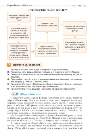 171Шарль Бодлер. «Квіти зла»
НОВАТОРСТВО ШАРЛЯ БОДЛЕРА
1. Визначте основні риси вдачі й творчості Шарля Бодлера.
2. Розкажіть, коли Шарль Бодлер увійшов у літературне життя Парижа.
3. Поміркуйте, чому більшість сучасників не сприйняли поетичну творчість
Бодлера.
4. Пригадайте, творчість якого американського письменника популяризу-
вав Бодлер у Франції. Поясніть чому.
5. Проаналізуйте схему «Новаторство Шарля Бодлера». Оцініть, наскільки
вона допомогла вам систематизувати матеріал.
6. Проаналізуйте, чому Бодлера називають предтечею модернізму.
4.1.2 Збірка «Квіти зла»
Літературну долю Шарля Бодлера визначила його єдина поетична
збірка «Квіти зла». Книга, що містить лише двісті сторінок невеликого
формату, стала перлиною світової лірики. Задум визрів у поета досить
рано: у «Салоні 1846 року» автор згадав про намір випустити книгу
віршів. А за два роки у пресі з’явилося повідомлення: Бодлер готує до
друку збірку «Лімби», що означає «верхні кола пекла». Звичайно, це
викликало асоціації з «Божественною комедією» Данте.
До Бодлера прийшла популярність. Це був безумовний успіх: у груд-
ні 1856 року модний видавець Огюст Пуле-Малассі купив у автора права
на видання «Квітів зла». Загалом за півроку книга вийшла у світ.
У перше видання збірки «Квіти зла» увійшло, крім віршованого
вступу, 100 поезій, що відповідає числу пісень «Божественної комедії»
Данте. Збірка «Квіти зла» — цілісний твір, у якому всі частини й окремі
прагнення до мак-
симальної точності
у зображенні най-
похмуріших моментів
внутрішньої реальності
стирання грані
між уявним і реальним визнання за поетичним
словом сугестивної
функції
взаємопроникнення
у поезії високого й
низького, поєднання
непоєднуваного в
межах одного образу,
естетизація потворного
образ поета як
незрозумілого юрбою
«чужинця», якого вона
мучить і ненавидить
романтичний конфлікт
мрії і дійсності набуває
глибокого внутрішнього
характеру
Уведення у французьку
поезію урбаністичної
теми
ОЦІНКИ ТА ОБГОВОРЕННЯ
Право для безоплатного розміщення підручника в мережі Інтернет має
Міністерство освіти і науки України http://mon.gov.ua/ та Інститут модернізації змісту освіти https://imzo.gov.ua
 