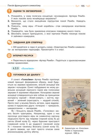 195Поезія французького символізму
1. Розкрийте, у чому полягала концепція «ясновидіння» Артюра Рембо.
У яких поезіях вона якнайкраще виражена?
2. Визначте, що стало емоційним підґрунтям поезії Рембо. Наведіть
приклади.
3. Поясніть, чому вірш «П’яний корабель» став своєрідною візитівкою
Рембо.
4. Поміркуйте, чим була зумовлена епатажна поведінка юного поета.
5. Висловіть власні припущення, з якої причини Рембо покинув поезію
й зайнявся комерцією.
Об’єднайтеся в пари й укладіть схему «Новаторство Рембо-символіс-
та» за матеріалами параграфа. Презентуйте її в класі.
Перегляньте відеоролик «Артюр Рембо». Поділіться з однокласниками
своїми враженнями.
4.2.5 «Голосівки»
У сонеті «Голос³вки» Артюр Рембо пропонує
новий принцип формування образу, який буду-
ється на зорових враженнях, вільній асоціації між
звуком і кольором. Сонет побудовано як низку до-
вільних асоціацій ліричного героя між голосними
звуками й зоровими образами. Кольорово-звукові
асоціації співвідносяться між собою за принципом
контрасту: чорний — білий (смерть — життя), чер-
воний — зелений (пристрасть — мудрий спокій).
Проте поет у всьому бачить зв’язок, одне віддзер-
калює й підкреслює друге: потворне — прекрасне,
швидкоплинне — випадкове.
Як і більшість віршів Рембо, «Голосівки» ма-
ють безліч трактувань. Наприклад, одне з них
пропонує розглядати вірш як символічну картину
людського буття: від темряви (чорний колір А) до
світла (білий колір Е), через бурхливі пристрасті
(червоний колір І) до мудрості (зелений колір
У) і пізнання таємниці Всесвіту (синій колір О).
А дехто вважав, що поет просто описав свою
різнокольорову дитячу абетку.
ОЦІНКИ ТА ОБГОВОРЕННЯ
ЗАВДАННЯ ДЛЯ СПІВПРАЦІ
ІНТЕРНЕТ-РЕСУРСИ
ГОТУЄМОСЯ ДО ДІАЛОГУ
Карикатура на «Голосівки»
Рембо в паризькому
журналі. 1888  р.
Право для безоплатного розміщення підручника в мережі Інтернет має
Міністерство освіти і науки України http://mon.gov.ua/ та Інститут модернізації змісту освіти https://imzo.gov.ua
 
