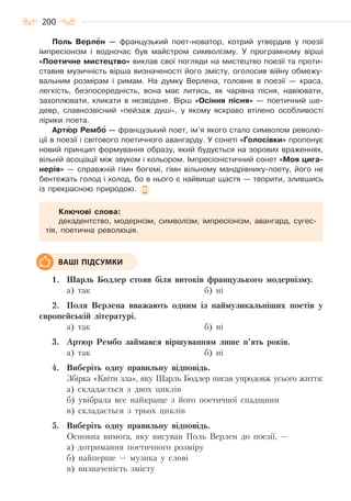 200
Поль Верлåн — французький поет-новатор, котрий утвердив у поезії
імпресіонізм і водночас був майстром символізму. У програмному вірші
«Поетичне мистецтво» виклав свої погляди на мистецтво поезії та проти-
ставив музичність вірша визначеності його змісту, оголосив війну обмежу-
вальним розмірам і римам. На думку Верлена, головне в поезії — краса,
легкість, безпосередність, вона має литись, як чарівна пісня, навіювати,
захоплювати, кликати в незвідане. Вірш «Осіння пісня» — поетичний ше-
девр, славнозвісний «пейзаж душі», у якому яскраво втілено особливості
лірики поета.
Артþр Рембî — французький поет, ім’я якого стало символом револю-
ції в поезії і світового поетичного авангарду. У сонеті «Голосівки» пропонує
новий принцип формування образу, який будується на зорових враженнях,
вільній асоціації між звуком і кольором. Імпресіоністичний сонет «Моя цига-
нерія» — справжній гімн богемі, гімн вільному мандрівнику-поету, його не
бентежать голод і холод, бо в нього є найвище щастя — творити, злившись
із прекрасною природою.
Ключові слова:
декадентство, модернізм, символізм, імпресіонізм, авангард, сугес-
тія, поетична революція.
1. Шарль Бодлер стояв біля витоків французького модернізму.
а) так б) ні
2. Поля Верлена вважають одним із наймузикальніших поетів у
європейській літературі.
а) так б) ні
3. Артюр Рембо займався віршуванням лише п’ять років.
а) так б) ні
4. Виберіть одну правильну відповідь.
Збірка «Квіти зла», яку Шарль Бодлер писав упродовж усього життя:
а) складається з двох циклів
б) увібрала все найкраще з його поетичної спадщини
в) складається з трьох циклів
5. Виберіть одну правильну відповідь.
Основна вимога, яку висував Поль Верлен до поезії, —
а) дотримання поетичного розміру
б) найперше — музика у слові
в) визначеність змісту
ВАШІ ПІДСУМКИ
Право для безоплатного розміщення підручника в мережі Інтернет має
Міністерство освіти і науки України http://mon.gov.ua/ та Інститут модернізації змісту освіти https://imzo.gov.ua
 