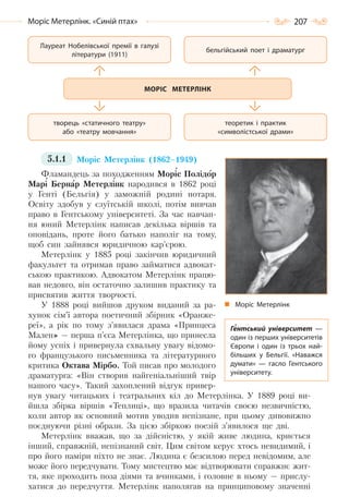 207Моріс Метерлінк. «Синій птах»
5.1.1 Моріс Метерлінк (1862–1949)
Фламандець за походженням Моріс Полідор
Марі Бернар Метерлінк народився в 1862 році
у Генті (Бельгія) у заможній родині нотаря.
Освіту здобув у єзуїтській школі, потім вивчав
право в Гентському університеті. За час навчан-
ня юний Метерлінк написав декілька віршів та
оповідань, проте його батько наполіг на тому,
щоб син зайнявся юридичною кар’єрою.
Метерлінк у 1885 році закінчив юридичний
факультет та отримав право займатися адвокат-
ською практикою. Адвокатом Метерлінк працю-
вав недовго, він остаточно залишив практику та
присвятив життя творчості.
У 1888 році вийшов друком виданий за ра-
хунок сім’ї автора поетичний збірник «Оранже-
реї», а рік по тому з’явилася драма «Принцеса
Мален» — перша п’єса Метерлінка, що принесла
йому успіх і привернула схвальну увагу відомо-
го французького письменника та літературного
критика Октава Мірбо. Той писав про молодого
драматурга: «Він створив найгеніальніший твір
нашого часу». Такий захоплений відгук привер-
нув увагу читацьких і театральних кіл до Метерлінка. У 1889 році ви-
йшла збірка віршів «Теплиці», що вразила читачів своєю незвичністю,
коли автор як основний мотив уводив непізнане, при цьому дивовижно
поєднуючи різні образи. За цією збіркою поезій з’явилося ще дві.
Метерлінк вважав, що за дійсністю, у якій живе людина, криється
інший, справжній, непізнаний світ. Цим світом керує хтось невидимий, і
про його наміри ніхто не знає. Людина є безсилою перед невідомим, але
може його передчувати. Тому мистецтво має відтворювати справжнє жит-
тя, яке проходить поза діями та вчинками, і головне в ньому — прислу-
хатися до передчуття. Метерлінк наполягав на принциповому значенні
МОРІС МЕТЕРЛІНК
творець «статичного театру»
або «театру мовчання»
Лауреат Нобелівської премії в галузі
літератури (1911)
теоретик і практик
«символістської драми»
бельгійський поет і драматург
Моріс Метерлінк
Гентський університет  —
один із перших університетів
Європи і один із трьох най-
більших у Бельгії. «Наважся
думати»  — гасло Гентського
університету.
Право для безоплатного розміщення підручника в мережі Інтернет має
Міністерство освіти і науки України http://mon.gov.ua/ та Інститут модернізації змісту освіти https://imzo.gov.ua
 