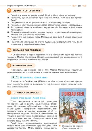 211Моріс Метерлінк. «Синій птах»
1. Поділіться, яким ви уявляєте собі Моріса Метерлінка як людину.
2. Розкажіть, що ви дізналися про творчість митця. Чим вона вас прива-
била?
3. Сформулюйте, як ви розумієте його громадянську позицію.
4. Поясніть, у чому полягає новаторство драматурга в царині «нової драми».
5. Розтлумачте поняття зовнішня і внутрішня дія. Підтвердіть свої слова
прикладами.
6. Розкрийте відмінність між «театром смерті» і «театром надії» драматурга.
Який із них більше вас зацікавив?
7. Поміркуйте, які художні твори Метерлінка вам було б цікаво додатково
прочитати.
8. Перегляньте ілюстрації до статті підручника. Сформулюйте, чим вони
допомогли у сприйнятті матеріалу.
Об’єднайтеся в пари і перегляньте 2–3 навчальних відео про життя і
творчість Моріса Метерлінка. Складіть рекомендації для доповнення статті
підручника цікавими фактами про митця.
Дослідіть, що означає повне ім’я Моріса Метерлінка. Поділіться
результатами свого дослідження з однокласниками (однокласницями).
5.1.2 П’єса-казка «Синій птах»
П’єса-казка «Синій птах» (1908) — це гімн життю, пізнанню, душев-
ному здоров’ю, красі та шляхетності, твір більшою мірою романтичний,
ніж символістський.
Сюжет п’єси-казки «Синій птах»
П’єса складається з п’яти дій, дванадця-
ти картин, що є досить самостійними епізо-
дами. Ці картини, об’єднані між собою автор-
ською ідеєю і наскрізними персонажами, від-
бивають етапи духовного розвитку дітей —
майбутнього людства. Зустрічі в символічних си-
туаціях з алегоричними персонажами, кожний із
яких несе свою мораль, збагачують досвід і ви-
ховують душу Тільтіля і Мітіль.
Події твору розпочинаються напередодні
Різдва, коли стає можливим будь-яке диво. Діти
дроворуба Тільтіль і Мітіль радіють чужому святу,
ОЦІНКИ ТА ОБГОВОРЕННЯ
ЗАВДАННЯ ДЛЯ СПІВПРАЦІ
ІНТЕРНЕТ-РЕСУРСИ
ГОТУЄМОСЯ ДО ДІАЛОГУ
Обкладинка до видання
«Синього птаха». ХХ  ст.
Право для безоплатного розміщення підручника в мережі Інтернет має
Міністерство освіти і науки України http://mon.gov.ua/ та Інститут модернізації змісту освіти https://imzo.gov.ua
 