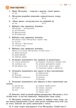 219
1. Моріс Метерлінк — теоретик і практик «нової драми».
а) так б) ні
2. Метерлінк розробив концепцію символістського театру.
а) так б) ні
3. «Нова драма» зосереджується на зовнішній дії.
а) так б) ні
4. Виберіть одну правильну відповідь.
Метерлінк — письменник:
а) англійський
б) французький
в) бельгійський
5. Виберіть одну правильну відповідь.
Всесвітню славу Метерлінку приніс твір:
а) «Сліпі»
б) «Пелеас і Мелісанда»
в) «Синій птах»
6. Виберіть одну правильну відповідь.
Жанр п’єси-казки Метерлінка «Синій птах» —
а) драма-дискусія
б) драма-феєрія
в) лірична драма
7. Установіть відповідність між терміном та визначенням:
1) «театр мовчання» а) відкрите зіткнення дійових осіб
2) зовнішня дія б) духовні протиріччя героїв
3) внутрішня дія в) «нечутний» діалог героїв
г) зіткнення героїв з дійсністю
8. Установіть відповідність між героєм та його походженням:
1) фея а) міфологічне
2) Тільтіль б) реалістичне
3) Царство померлих в) казкове
г) баладне
9. Установіть відповідність між образом та його символічним зна-
ченням:
1) дитинство а) символ майбутнього
2) Синій птах б) символ людства
3) діти в) символ щастя
г) символ часу
10. Поясніть, який художній прийом використовує Метерлінк у п’єсі
«Синій птах» та що він символізує. Обґрунтуйте свою думку.
11. Метерлінк стверджує, що людина не вирішує свою долю, але
має високе призначення в житті: вона мусить залишити після себе слід
на землі. Доведіть цю думку прикладами з тексту.
12. У чому секрет популярності п’єси Метерлінка «Синій птах»?
ВАШІ ПІДСУМКИ
Право для безоплатного розміщення підручника в мережі Інтернет має
Міністерство освіти і науки України http://mon.gov.ua/ та Інститут модернізації змісту освіти https://imzo.gov.ua
 