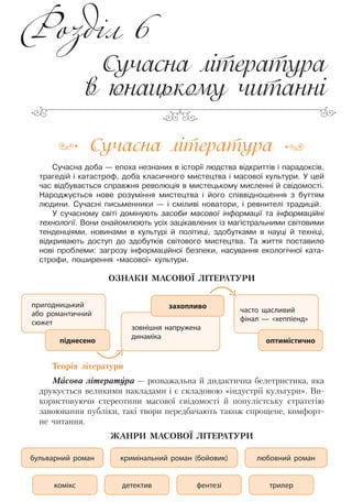 Сучасна література
Сучасна доба — епоха незнаних в історії людства відкриттів і парадоксів,
трагедій і катастроф, доба класичного мистецтва і масової культури. У цей
час відбувається справжня революція в мистецькому мисленні й свідомості.
Народжується нове розуміння мистецтва і його співвідношення з буттям
людини. Сучасні письменники — і сміливі новатори, і ревнителі традицій.
У сучасному світі домінують засоби масової інформації та інформаційні
технології. Вони онайомлюють усіх зацікавлених із магістральними світовими
тенденціями, новинами в культурі й політиці, здобутками в науці й техніці,
відкривають доступ до здобутків світового мистецтва. Та життя поставило
нові проблеми: загрозу інформаційної безпеки, насування екологічної ката-
строфи, поширення «масової» культури.
ОЗНАКИ МАСОВОЇ ЛІТЕРАТУРИ
Теорія літератури
Масова література — розважальна й дидактична белетристика, яка
друкується великими накладами і є складовою «індустрії культури». Ви-
користовуючи стереотипи масової свідомості й популістську стратегію
завоювання публіки, такі твори передбачають також спрощене, комфорт-
не читання.
ЖАНРИ МАСОВОЇ ЛІТЕРАТУРИ
пригодницький
або романтичний
сюжет
піднесено
часто щасливий
фінал — «хеппіенд»
оптимістично
зовнішня напружена
динаміка
захопливо
бульварний роман любовний роман
трилерфентезідетективкомікс
кримінальний роман (бойовик)
Сучасна література
в юнацькому читанні
Розділ 6
Право для безоплатного розміщення підручника в мережі Інтернет має
Міністерство освіти і науки України http://mon.gov.ua/ та Інститут модернізації змісту освіти https://imzo.gov.ua
 