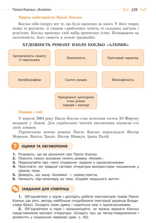 229Паоло Коельо. «Алхімік»
Творча майстерність Паоло Коельо
Коельо ніби ігнорує все те, що було написано до нього. У його творах
немає ні розлогих, зі смаком «зроблених» описів, ні складних зав’язок і
розв’язок. Коельо пропонує свій набір прописних істин. Незважаючи на
екзотичність, його сюжети в основі традиційні.
ХУДОЖНІСТЬ РОМАНУ ПАОЛО КОЕЛЬО «АЛХІМІК»
Україна і світ
У вересні 2004 року Паоло Коельо став почесним гостем XI Форуму
видавців у Львові. Для українських читачів письменник підписав сто
своїх книжок.
Українською мовою романи Паоло Коельо перекладали Віктор
Морозов, Василь Триліс, Віктор Шовкун, Ірина Палій.
1. Розкажіть, що ви дізналися про Паоло Коельо.
2. Поясніть смисл основних понять роману «Алхімік».
3. Подискутуйте про «сенс існування» людини з однокласниками.
4. Простежте, які традиції світової літератури використовує письменник у
своєму творі.
5. Доведіть, що жанр «Алхіміка» — роман-притча.
6. Напишіть твір-мініатюру на тему «Скарби людського життя».
1. Об’єднайтеся у групи і дослідіть роботи ілюстраторів творів Паоло
Коельо (до речі, автору найбільше сподобалися ілюстрації українця Влади-
слава Єрка). Складіть свою думку і поділіться нею з однокласниками.
2. Об’єднайтеся в пари і проаналізуйте, чи можна вважати Коельо
представником масової літератури. Складіть про це твітер-повідомлення і
розмістіть у соціальних мережах (див. с. 43).
Запозиченість сюжету
й персонажів
Автобіографізм
Притчовий характер
Філософічність
Приєднання культурних
істин різних
народів і культур
Синтез жанрів
Лаконічність
ОЦІНКИ ТА ОБГОВОРЕННЯ
ЗАВДАННЯ ДЛЯ СПІВПРАЦІ
Право для безоплатного розміщення підручника в мережі Інтернет має
Міністерство освіти і науки України http://mon.gov.ua/ та Інститут модернізації змісту освіти https://imzo.gov.ua
 