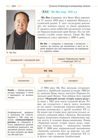 234 Сучасна література в юнацькому читанні
6.4.1 Мо Янь (нар. 1955 р.)
Мо Янь (справжнє ім’я Гуань Моє) народив-
ся 17 лютого 1955 року в провінції Шаньдун у
селянській родині. У часи «культурної револю-
ції» він покинув школу та пішов працювати.
У двадцять років майбутній письменник вступив
до Народно-визвольної армії Китаю. Під час вій-
ськової служби почав писати. Твори Мо Яня
привернули увагу критиків у 1980-ті роки.
З 1984 року Мо Янь викладав літературо-
знавство в Армійській академії культури. 1986 ро-
ку закінчив Вищу школу мистецтв Народно-ви-
звольної армії Китаю. Тоді вийшов його перший
роман «Червоний ґаолян: історія одного роду»,
за яким у 1987 році зняли художній фільм. Ро-
ман, що складається з циклу новел, належить
до так званої «літератури пошуків коріння», яка
активно розвивалася у другій половині ХХ ст.
Це роман про історію роду протягом кількох де-
сятиліть упродовж війни з Японією. Письменник
відразу відзначився відвертим зображенням кар-
тин життя й точними формулюваннями. Роман
«Червоний ґаолян: історія одного роду» отри-
мав почесну відзнаку — національну премію
КНР. У 2000 році американський щотижневик
«Asiaweek» включив його до переліку ста най-
кращих творів у китайській літературі ХХ ст.
А фільм став справжнім блокбастером.
Мо Янь  — псевдонім, у перекладі з китайської  —
«мовчи». Це означає, що письменник у житті не за-
являє відкрито про свої переконання, він відображає
їх у художніх творах.
громадський і культурний діяч
сценаристжурналістписьменник
лауреат Нобелівської премії
з літератури 2012 р.
МО ЯНЬ
Мо Янь
Ґаолян  — злакова рослина,
нагадує кукурудзу. У  Китаї
її вирощують на великих
площах.
Оксфордський довідник
із мистецтва ХХ століття,
виданий у 1981 році, ви-
значає «галюцинаторний
реалізм» як «обережне й
точне зображення деталей
потойбічної реальності, яке
звичайний реалізм оминає,
бо вони належать до сфери
сну або фантазії».
Право для безоплатного розміщення підручника в мережі Інтернет має
Міністерство освіти і науки України http://mon.gov.ua/ та Інститут модернізації змісту освіти https://imzo.gov.ua
 