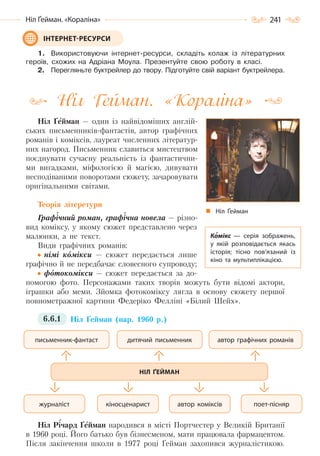 241Ніл Ґейман. «Кораліна»
1. Використовуючи інтернет-ресурси, складіть колаж із літературних
героїв, схожих на Адріана Моула. Презентуйте свою роботу в класі.
2. Перегляньте буктрейлер до твору. Підготуйте свій варіант буктрейлера.
Ніл Гейман. «Кораліна»
Ніл Ґейман — один із найвідоміших англій-
ських письменників-фантастів, автор графічних
романів і коміксів, лауреат численних літератур-
них нагород. Письменник славиться мистецтвом
поєднувати сучасну реальність із фантастични-
ми вигадками, міфологією й магією, дивувати
несподіваними поворотами сюжету, зачаровувати
оригінальними світами.
Теорія літеретури
Графічний роман, графічна новела — різно-
вид коміксу, у якому сюжет представлено через
малюнки, а не текст.
Види графічних романів:
німі комікси — сюжет передається лише
графічно й не передбачає словесного супроводу;
фотокомікси — сюжет передається за до-
помогою фото. Персонажами таких творів можуть бути відомі актори,
іграшки або меми. Зйомка фотокоміксу лягла в основу сюжету першої
повнометражної картини Федеріко Фелліні «Білий Шейх».
6.6.1 Ніл Ґейман (нар. 1960 р.)
Ніл Річард Ґейман народився в місті Портчестер у Великій Британії
в 1960 році. Його батько був бізнесменом, мати працювала фармацевтом.
Після закінчення школи в 1977 році Ґейман захопився журналістикою.
ІНТЕРНЕТ-РЕСУРСИ
Ніл Ґейман
Комікс  — серія зображень,
у якій розповідається якась
історія; тісно пов’язаний із
кіно та мультиплікацією.
письменник-фантаст автор графічних романів
поет-пісняравтор коміксівкіносценаристжурналіст
дитячий письменник
НІЛ ҐЕЙМАН
Право для безоплатного розміщення підручника в мережі Інтернет має
Міністерство освіти і науки України http://mon.gov.ua/ та Інститут модернізації змісту освіти https://imzo.gov.ua
 