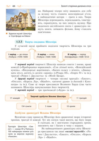 44 Золоті сторінки далеких епох
ки. Найкращі театри світу вважають для себе
за велику честь ставити шекспірівські п’єси,
а найвидатніші актори — грати в них. Твори
Шекспіра перевидають, перекладають, ілюстру-
ють, екранізують, на них пишуть музику. Про
видатного англійського поета і драматурга пи-
шуть книги, знімають фільми, йому ставлять
пам’ятники.
1.3.3 Творча спадщина Шекспіра
У сучасній науці прийнято поділяти творчість Шекспіра на три
періоди.
У перший період творчості Шекспір написав сонети і поеми, кращі
комедії («Приборкання норовливої», «Сон літньої ночі», «Венеційський
купець», «Віндзорські жартівниці», «Багато галасу з нічого», «Дванад-
цята ніч»), дев’ять із десяти «хронік» («Річард ІІІ», «Генріх ІV» та ін.),
трагедії «Ромео і Джульєтта» та «Юлій Цезар».
У другий період творчості — чотири «великі трагедії»: «Гамлет»,
«Отелло», «Король Лір», «Макбет», «античні драми» («Антоній і Клео-
патра» та ін.). Саме ці твори прославили Великого Барда (так часто
називають Шекспіра шанувальники його творчості).
У третій період — три трагікомедії («Буря» та ін.).
Здобутки драматургії Вільяма Шекспіра
Всесвітню славу принесли Шекспіру його драматичні твори: історичні
хроніки, трагедії й комедії. Тут він сягнув такої висоти, що його твори
й сьогодні, як і мистецтво стародавніх греків,
хвилюють нас і багато в чому є взірцем.
Як найвидатнішого драматурга світу Шекспі-
ра прославили так звані «великі трагедії»: «Ро-
мео і Джульєтта», «Гамлет», «Отелло», «Король
Лір» і «Макбет».
І період — до епохи
«Глобуса» (1590–1600)
ІІ період — епоха
«Глобуса» (1600–1608)
ІІІ період — період
«Блекфрайера» (1608–1612)
Творчий здобуток Вільяма Шекспіра
17 комедій 11 трагедій
154 сонети 5 поем 10 хронік
Трагедія Шекспіра «Гам-
лет» — номер 49 у Рейтингу
100 найкращих книжок усіх
часів за версією журналу
«Ньюсвік».
Будинок-музей Шекспіра
в Стретфорді-на-Ейвоні
Право для безоплатного розміщення підручника в мережі Інтернет має
Міністерство освіти і науки України http://mon.gov.ua/ та Інститут модернізації змісту освіти https://imzo.gov.ua
 