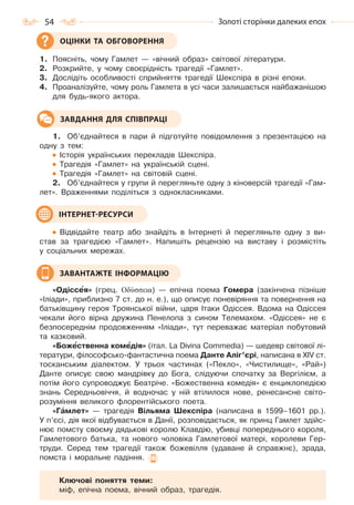 54 Золоті сторінки далеких епох
1. Поясніть, чому Гамлет — «вічний образ» світової літератури.
2. Розкрийте, у чому своєрідність трагедії «Гамлет».
3. Дослідіть особливості сприйняття трагедії Шекспіра в різні епохи.
4. Проаналізуйте, чому роль Гамлета в усі часи залишається найбажанішою
для будь-якого актора.
1. Об’єднайтеся в пари й підготуйте повідомлення з презентацією на
одну з тем:
Історія українських перекладів Шекспіра.
Трагедія «Гамлет» на українській сцені.
Трагедія «Гамлет» на світовій сцені.
2. Об’єднайтеся у групи й перегляньте одну з кіноверсій трагедії «Гам-
лет». Враженнями поділіться з однокласниками.
Відвідайте театр або знайдіть в Інтернеті й перегляньте одну з ви-
став за трагедією «Гамлет». Напишіть рецензію на виставу і розмістіть
у соціальних мережах.
«Одіссея» (грец. Οδύσσεια) — епічна поема Гомера (закінчена пізніше
«Іліади», приблизно 7 ст. до н. е.), що описує поневіряння та повернення на
батьківщину героя Троянської війни, царя Ітаки Одіссея. Вдома на Одіссея
чекали його вірна дружина Пенелопа з сином Телемахом. «Одіссея» не є
безпосереднім продовженням «Іліади», тут переважає матеріал побутовий
та казковий.
«Божественна комедія» (італ. La Divina Commedia) — шедевр світової лі-
тератури, філософсько-фантастична поема Данте Аліг’єрі, написана в ХІV ст.
тосканським діалектом. У трьох частинах («Пекло», «Чистилище», «Рай»)
Данте описує свою мандрівку до Бога, слідуючи спочатку за Вергілієм, а
потім його супроводжує Беатріче. «Божественна комедія» є енциклопедією
знань Середньовіччя, й водночас у ній втілилося нове, ренесансне світо-
розуміння великого флорентійського поета.
«Гàмлет» — трагедія Вільяма Шекспіра (написана в 1599–1601 рр.).
У п’єсі, дія якої відбувається в Данії, розповідається, як принц Гамлет здійс-
нює помсту своєму дядькові королю Клавдію, убивці попереднього короля,
Гамлетового батька, та нового чоловіка Гамлетової матері, королеви Гер-
труди. Серед тем трагедії також божевілля (удаване й справжнє), зрада,
помста і моральне падіння.
Ключові поняття теми:
міф, епічна поема, вічний образ, трагедія.
ОЦІНКИ ТА ОБГОВОРЕННЯ
ЗАВДАННЯ ДЛЯ СПІВПРАЦІ
ІНТЕРНЕТ-РЕСУРСИ
ЗАВАНТАЖТЕ ІНФОРМАЦІЮ
Право для безоплатного розміщення підручника в мережі Інтернет має
Міністерство освіти і науки України http://mon.gov.ua/ та Інститут модернізації змісту освіти https://imzo.gov.ua
 