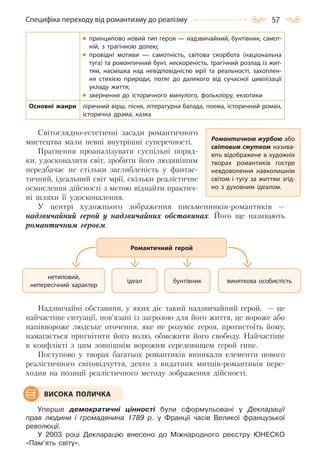 57Специфіка переходу від романтизму до реалізму
принципово новий тип героя — надзвичайний, бунтівник, самот-
ній, з трагічною долею;
провідні мотиви  — самотність, світова скорбота (національна
туга) та романтичний бунт, нескореність, трагічний розлад із жит-
тям, насмішка над невідповідністю мрії та реальності, захоплен-
ня стихією природи, потяг до далекого від сучасної цивілізації
укладу життя;
звернення до історичного минулого, фольклору, екзотики
Основні жанри ліричний вірш, пісня, літературна балада, поема, історичний роман,
історична драма, казка
Світоглядно-естетичні засади романтичного
мистецтва мали певні внутрішні суперечності.
Прагнення проаналізувати суспільні поряд-
ки, удосконалити світ, зробити його людянішим
передбачає не стільки заглибленість у фантас-
тичний, ідеальний світ мрії, скільки реалістичне
осмислення дійсності з метою віднайти практич-
ні шляхи її удосконалення.
У центрі художнього зображення письменників-романтиків —
надзвичайний герой у надзвичайних обставинах. Його ще називають
романтичним героєм.
Надзвичайні обставини, у яких діє такий надзвичайний герой, — це
найчастіше ситуації, пов’язані із загрозою для його життя, це вороже або
напіввороже людське оточення, яке не розуміє героя, протистоїть йому,
намагається пригнітити його волю, обмежити його свободу. Найчастіше
в конфлікті з цим зовнішнім ворожим середовищем герой гине.
Поступово у творах багатьох романтиків виникали елементи нового
реалістичного світовідчуття, дехто з видатних митців-романтиків пере-
ходив на позиції реалістичного методу зображення дійсності.
Уперше демократичні цінності були сформульовані у Декларації
прав людини і громадянина 1789 р. у Франції часів Великої французької
революції.
У 2003 році Декларацію внесено до Міжнародного реєстру ЮНЕСКО
«Пам’ять світу».
Романтичною журбою або
світовим смутком назива-
ють відображене в художніх
творах романтиків гостре
невдоволення навколишнім
світом і тугу за життям згід-
но з духовним ідеалом.
нетиповий,
непересічний характер
ідеал бунтівник виняткова особистість
Романтичний герой
ВИСОКА ПОЛИЧКА
Право для безоплатного розміщення підручника в мережі Інтернет має
Міністерство освіти і науки України http://mon.gov.ua/ та Інститут модернізації змісту освіти https://imzo.gov.ua
 