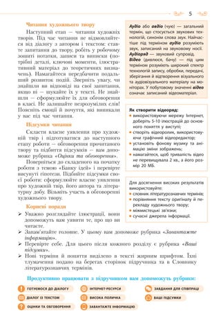 5
Читання художнього твору
Наступний етап — читання художніх
творів. Під час читання не відмовляйте-
ся від діалогу з автором і текстом: став-
те запитання до твору, робіть у робочому
зошиті нотатки, записи та виписки (по-
трібні деталі, ключові моменти, ілюстра-
тивний матеріал до теоретичних визна-
чень). Намагайтеся передбачити подаль-
ший розвиток подій. Зверніть увагу, чи
знайшли ви відповіді на свої запитання,
якщо ні — шукайте їх у тексті. Не знай-
шли — сформулюйте їх для обговорення
в класі. Не залишайте незрозумілих слів!
Поясніть емоції й почуття, які виникали
у вас під час читання.
Підсумки читання
Скласти власне уявлення про худож-
ній твір і підготуватися до наступного
етапу роботи — обговорення прочитаного
твору та підбиття підсумків — вам допо-
може рубрика «Оцінки та обговорення».
Поверніться до складеного на початку
роботи з темою «Банку ідей» і перевірте
висунуті гіпотези. Підбийте підсумки сво-
єї роботи: сформулюйте власне уявлення
про художній твір, його автора та літера-
турну добу. Візьміть участь в обговоренні
художнього твору.
Корисні поради
Уважно розглядайте ілюстрації, вони
допоможуть вам уявити те, про що ви
читаєте.
Запам’ятайте головне. У цьому вам допоможе рубрика «Завантажте
інформацію».
Перевірте себе. Для цього після кожного розділу є рубрика «Ваші
підсумки».
Нові терміни й поняття виділено в тексті жирним шрифтом. Їхні
тлумачення подано на берегах сторінок підручника та в Словнику
літературознавчих термінів.
Продуктивно працювати з підручником вам допоможуть рубрики:
Як створити відеоряд:
використовуючи мережу Інтернет,
доберіть 5-10 ілюстрацій до основ-
ного поняття у виступі;
створіть відеоролик, використову-
ючи графічний відеоредактор;
установіть фонову музику та ані-
мацію зміни зображень;
намагайтеся, щоб тривалість відео
не перевищувала 2 хв., а його роз-
мір 20 МБ.
Для досягнення високих результатів
використовуйте:
словник літературознавчих термінів;
порівняння тексту оригіналу й пе-
рекладу художнього твору;
міжмистецькі зв’язки;
сучасні джерела інформації.
Аудіо або авдіо (чую)  — загальний
термін, що стосується звукових тех-
нологій, синонім слова звук. Найчас-
тіше під терміном аудіо розуміють
звук, записаний на звуковому носії.
Аудіоряд — звуковий супровід.
Відео (дивлюся, бачу)  — під цим
терміном розуміють широкий спектр
технологій запису, обробки, передачі,
зберігання й відтворення візуального
та аудіовізуального матеріалу на мо-
ніторах. У побутовому значенні відео
означає записаний відеоматеріал.
ГОТУЄМОСЯ ДО ДІАЛОГУ
ДІАЛОГ ІЗ ТЕКСТОМ
ОЦІНКИ ТА ОБГОВОРЕННЯ
ЗАВДАННЯ ДЛЯ СПІВПРАЦІІНТЕРНЕТ-РЕСУРСИ
ВИСОКА ПОЛИЧКА
ЗАВАНТАЖТЕ ІНФОРМАЦІЮ
ВАШІ ПІДСУМКИ
Право для безоплатного розміщення підручника в мережі Інтернет має
Міністерство освіти і науки України http://mon.gov.ua/ та Інститут модернізації змісту освіти https://imzo.gov.ua
 