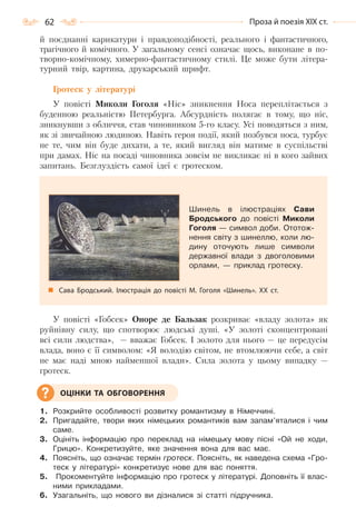 62 Проза й поезія ХІХ ст.
й поєднанні карикатури і правдоподібності, реального і фантастичного,
трагічного й комічного. У загальному сенсі означає щось, виконане в по-
творно-комічному, химерно-фантастичному стилі. Це може бути літера-
турний твір, картина, друкарський шрифт.
Гротеск у літературі
У повісті Миколи Гоголя «Ніс» зникнення Носа переплітається з
буденною реальністю Петербурга. Абсурдність полягає в тому, що ніс,
зникнувши з обличчя, став чиновником 5-го класу. Усі поводяться з ним,
як зі звичайною людиною. Навіть героя події, який позбувся носа, турбує
не те, чим він буде дихати, а те, який вигляд він матиме в суспільстві
при дамах. Ніс на посаді чиновника зовсім не викликає ні в кого зайвих
запитань. Безглуздість самої ідеї є гротеском.
У повісті «Гобсек» Оноре де Бальзак розкриває «владу золота» як
руйнівну силу, що спотворює людські душі. «У золоті сконцентровані
всі сили людства», — вважає Гобсек. І золото для нього — це передусім
влада, воно є її символом: «Я володію світом, не втомлюючи себе, а світ
не має наді мною найменшої влади». Сила золота у цьому випадку —
гротеск.
1. Розкрийте особливості розвитку романтизму в Німеччині.
2. Пригадайте, твори яких німецьких романтиків вам запам’яталися і чим
саме.
3. Оцініть інформацію про переклад на німецьку мову пісні «Ой не ходи,
Грицю». Конкретизуйте, яке значення вона для вас має.
4. Поясніть, що означає термін гротеск. Поясніть, як наведена схема «Гро-
теск у літературі» конкретизує нове для вас поняття.
5. Прокоментуйте інформацію про гротеск у літературі. Доповніть її влас-
ними прикладами.
6. Узагальніть, що нового ви дізналися зі статті підручника.
Шинель в ілюстраціях Сави
Бродського до повісті Миколи
Гоголя — символ доби. Ототож-
нення світу з шинеллю, коли лю-
дину оточують лише символи
державної влади з двоголовими
орлами, — приклад гротеску.
Сава Бродський. Ілюстрація до повісті М. Гоголя «Шинель». ХХ  ст.
ОЦІНКИ ТА ОБГОВОРЕННЯ
Право для безоплатного розміщення підручника в мережі Інтернет має
Міністерство освіти і науки України http://mon.gov.ua/ та Інститут модернізації змісту освіти https://imzo.gov.ua
 
