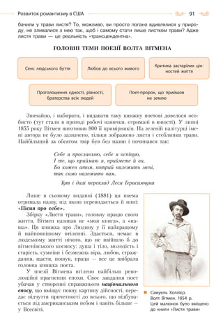 91Розвиток романтизму в США
бачили у трави листя? То, можливо, ви просто погано вдивлялися у приро-
ду, не зливалися з нею так, щоб і самому стати лише листком трави? Адже
листя трави — це реальність «трансцендентна».
ГОЛОВНІ ТЕМИ ПОЕЗІЇ ВОЛТА ВІТМЕНА
Звичайно, і набирати, і видавати таку книжку поетові довелося осо-
бисто (тут стали в пригоді робочі навички, отримані в юності). У липні
1855 року Вітмен виготовив 800 її примірників. На зеленій палітурці іме-
ні автора не було зазначено, тільки зображено листя і стеблинки трави.
Найбільший за обсягом твір був без назви і починався так:
Себе я прославляю, себе я оспівую,
I те, що приймаю я, приймете й ви,
Бо кожен атом, котрий належить мені,
так само належить вам.
Тут і далі переклад Леся Герасимчука
Лише в сьомому виданні (1881) ця поема
отримала назву, під якою перевидається й нині:
«Пісня про себе».
Збірку «Листя трави», головну працю свого
життя, Вітмен називав не «моя книга», а «на-
ша». Ця книжка про Людину у її найкращому
й найповнішому втіленні. Здається, немає в
людському житті нічого, що не ввійшло б до
вітменівського космосу: душа і тіло, молодість і
старість, сумніви і безмежна віра, любов, страж-
дання, щастя, пошук, праця — все це ввібрала
головна книжка поета.
У поезії Вітмена втілено найбільш рево-
люційні прагнення епохи. Своє завдання поет
убачав у створенні справжнього національного
епосу, що вміщує повну картину дійсності, пере-
дає відчуття причетності до всього, що відбува-
ється під американським небом і навіть більше —
у Всесвіті.
Критика застарілих цін-
ностей життя
Поет-пророк, що прийшов
на землю
Сенс людського буття
Проголошення єдності, рівності,
братерства всіх людей
Любов до всього живого
Самуель Холлієр.
Волт Вітмен. 1854  р.
Цей малюнок було вміщено
до книги «Листя трави»
Право для безоплатного розміщення підручника в мережі Інтернет має
Міністерство освіти і науки України http://mon.gov.ua/ та Інститут модернізації змісту освіти https://imzo.gov.ua
 