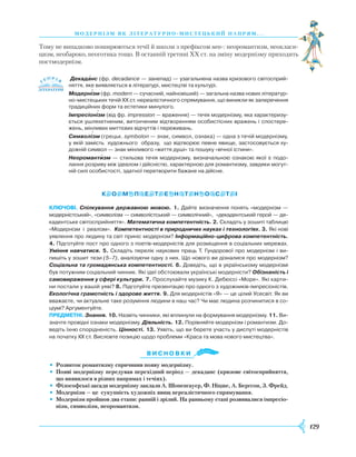129
модернізм як літературно- ми стець ки й напрям. . .
Тому не випадково поширюються течії й школи з префіксом нео-: неоромантизм, неокласи-
цизм, необароко, неоготика тощо. В останній третині ХХ ст. на зміну модернізму приходить
постмодернізм.
Декаданс (фр. decadance — занепад) — узагальнена назва кризового світосприй­
няття, яке виявляється в літературі, мистецтві та культурі.
Модернізм (фр. modern — сучасний, найновіший) — загальна назва нових літератур­
но-мистецьких течій ХХ ст. нереалістичного спрямування, що виникли як заперечення
традиційних форм та естетики минулого.
Імпресіонізм (від фр. impression — враження) — течія модернізму, яка характеризу­
ється ушляхетненим, витонченим відтворенням особистісних вражень і спостере­
жень, мінливих миттєвих відчуттів і переживань.
Символізм (грецьк. symbolon — знак, символ, ознака) — одна з течій модернізму,
у якій замість художнього образу, що відтворює певне явище, застосовується ху­
дожній символ — знак мінливого «життя душі» та пошуку «вічної істини».
Неоромантизм — стильова течія модернізму, визначальною ознакою якої є подо­
лання розриву між ідеалом і дійсністю, характерною для романтизму, завдяки могут­
ній силі особистості, здатної перетворити бажане на дійсне.
Ключові. Спілкування державною мовою. 1. Дайте визначення понять «модернізм —
модерністський», «символізм — символістський — символічний», «декадентський герой — де­
кадентське світосприйняття». Математична компетентність. 2. Складіть у зошиті таблицю
«Модернізм і реалізм». Компетентності в природничих науках і технологіях. 3. Які нові
уявлення про людину та світ приніс модернізм? Інформаційно-цифрова компетентність.
4. Підготуйте пост про одного з поетів-модерністів для розміщення в соціальних мережах.
Уміння навчатися. 5. Складіть перелік наукових праць Т. Гундорової про модернізм і ви­
пишіть у зошит тези (5–7), аналізуючи одну з них. Що нового ви дізналися про модернізм?
Соціальна та громадянська компетентності. 6. Доведіть, що в українському модернізмі
був потужним соціальний чинник. Які ідеї обстоювали українські модерністи? Обізнаність і
самовираження у сфері культури. 7. Прослухайте музику К. Дебюссі «Море». Які карти­
ни постали у вашій уяві? 8. Підготуйте презентацію про одного з художників-імпресіоністів.
Екологічна грамотність і здорове життя. 9. Для модерністів «Я» — це цілий Усесвіт. Як ви
вважаєте, чи актуальне таке розуміння людини в наш час? Чи має людина розчинитися в со­
ціумі? Аргументуйте.
предметні. Знання. 10. Назвіть чинники, які вплинули на формування модернізму. 11. Ви­
значте провідні ознаки модернізму. Діяльність. 12. Порівняйте модернізм і романтизм. До­
ведіть їхню спорідненість. Цінності. 13. Уявіть, що ви берете участь у диспуті модерністів
на початку XX ст. Висловте позицію щодо проблеми «Краса та мова нового мистецтва».
Ви с н о в ки
•	 Розвиток романтизму спричинив появу модернізму.
•	 Появі модернізму передував перехідний період — декаданс (кризове світосприйняття,
що виявилося в різних напрямах і течіях).
•	 Філософські засади модернізму заклали А. Шопенгауер, Ф. Ніцше, А. Бергсон, З. Фрейд.
•	 Модернізм — це сукупність художніх явищ нереалістичного спрямування.
•	 Модернізм пройшов два етапи: ранній і зрілий. На ранньому етапі розвивалися імпресіо-
нізм, символізм, неоромантизм.





 