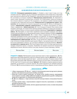 197
П оль ща • Й оанна яґелло
Ключові. Спілкування державною мовою. 1. Знайдіть у тексті повісті слова, які є під­
літковим сленгом. Підберіть до них літературні відповідники. 2. В оповіді якого персонажа
вони трапляються найчастіше? 3. Поміркуйте, чому авторка використовує підлітковий сленг.
Як це впливає на читацьке сприйняття? Математична компетентність. 4. Намалюйте в
зошиті схему «Еволюція стосунків Лінки та Наталії». 5. У який момент сюжетного розвитку
їхні стосунки зайшли в глухий кут? Як ви вважаєте, чия провина в майже повному розриві
спілкування між подругами була більшою? Компетентності в природничих науках і тех-
нологіях. 6. За допомогою Інтернету відшукайте фотографії Й. Яґелло й обкладинки її
книжок. Інформацій­но-­цифрова компетентність. 7. Створіть буктрейлер до повісті
«Кава з кардамоном». Уміння навчатися. 8. У колі читацьких інтересів Лінки значне місце
посідають детективи. Чи скористалася дівчина уроками улюбленого жанру для розгадки сі­
мейної таємниці? 9. Де та як вона шукала необхідну інформацію? Ініціативність і підприєм-
ливість. 10. Пригадайте, як ге­рої повісті заробляли гроші на різдвяні подарунки. 11. Запро­
понуйте декілька варіантів, як старшокласники можуть поєднати навчання та роботу. Соціальна
та громадянська компетентності. 12. У по­вісті «Кава з кардамоном» Й. Яґелло порушує
проблеми перебування дітей у дитячих будинках та інтернатах. Чи трапляється можливість
у перспективі подолати це соціальне явище? Що потрібно для цього зробити? Обізнаність і
самовираження у сфері культури. 13. Уявіть, що ви навчаєтеся з Адріаном в одному ліцеї й
у вас оголосили конкурс малюнка однієї вулиці. Оберіть, яку вулицю вашого міста чи села
ви б хотіли намалювати. Опишіть, що та як було б зображено на вашому малюнку. Екологіч-
на грамотність і здорове життя. 14. Лінка й Адріан мають власні погляди щодо доцільності
продажу новорічних ялинок у горщиках. Порівняйте їхні варіанти екологічної альтернативи
вирубуванню ялинок. Висловте власну точку зору. Напишіть у зошиті відповідь у таблиці.
Погляди Лінки Погляди Адріана Моя думка
предметні. Знання. 15. Виокремте ознаки підліткової повісті в «Каві з кардамоном». 16. Роз­
крийте роль персонажів-дорослих у творі, де головним героєм є підліток. Діяльність. 17. Прига­
дайте риси, якими має бути наділений герой — детектив-нишпорка. Чи можна назвати Лінку
детективом-аматором? 18. Порівняйте Лінку на початку та в кінці повісті. Як змінилася герої­
ня? Які події її життя сприяли цим змінам? Цінності. 19. Знайдіть у поданих уривках актуальні
проблеми, які виникають у сучасних підлітків. Які шляхи подолання цих проблем пропонує
Й. Яґелло? 20. Які загальнолюдські цінності є важливими для Халіни, Адріана, Наталії та Касі?
Ви с н о в ки
•	 «Кава з кардамоном» Й. Яґелло — повість із захоплюючим сюжетом про життя дівчини-
підлітка, яка намагається розгадати сімейну таємницю.
•	 Один рік із життя героїні демонструє, як Халіна долає сімейні клопоти, переживання
щодо першого кохання, вибір майбутньої професії, випробування дружби з найкращою
подругою та приходить до усвідомлення закоханості.
•	 Й. Яґелло зображує у творі декілька моделей конструктивного спілкування батьків і
дітей.
•	Головна героїня твору є переконливою в щирості почуттів, переживань та емоційних
реакцій на виклики долі.
•	 Повість написана живою мовою, містить зразки підліткового сленгу та мови спілкування
в соціальних мережах.
 