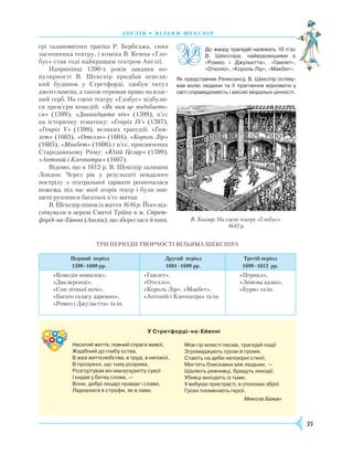 35
А Н Г Л І Я • В І Л Ь Я М Ш Е К С П І Р
грі талановитого трагіка
Р
. Бер­беджа, сина
засновника театру, і коміка В. Кемпа «Гло-
бус» став тоді найкращим театром Англії.
Наприкінці 1590-х років завдяки по-
пулярності В. Шекспір придбав невели-
кий будинок у Стретфорді, здобув титул
джентльмена, а також отримав право на влас-
ний герб. На сцені театру «Глобус» відбули-
ся прем’єри комедій: «Як вам це подобаєть-
ся» (1599), «Дванадцята ніч» (1599), п’єс
на історичну тематику: «Генріх IV» (1597),
«Генріх V» (1598), великих трагедій: «Гам-
лет» (1603), «Отелло» (1604), «Король Лір»
(1605), «Макбет» (1606) і п’єс, присвячених
Стародавньому
Р
иму: «Юлій Цезар» (1599),
«Антоній і Клеопатра» (1607).
Відомо, що в 1612 р. В. Шекспір залишив
Лондон. Через рік у результаті невдалого
пост­рілу з театральної гармати розпочалася
пожежа, під час якої згорів театр і були зни-
щені рукописи багатьох п’єс митця.
В. Шекспір пішов із життя 1616 р. Його від-
співували в церкві Святої Трійці в м. Стрет­
форді-на-Ейвоні (Англія), що збереглася й нині.
Три
п
еріоди
тво
рчості Вільяма Шекспіра
Перший період
1590–1600 рр.
Другий період
1601–1608 рр.
Третій період
1609–1612 рр.
«Комедія помилок»,
«Два веронці»,
«Сон літньої ночі»,
«Багато галасу даремно»,
«Ромео і Джульєтта» та ін.
«Гамлет»,
«Отелло»,
«Король Лір», «Макбет»,
«Антоній і Клеопатра» та ін.
«Перикл»,
«Зимова казка»,
«Буря» та ін.
В. Холлар. На сцені театру «Глобус».
1642 р.
До жанру трагедій належать 10 п’єс­
В. Шекспіра, найвідомішими є
«Ромео і Джульєтта», «Гамлет»,
«Отелло», «Король Лір», «Макбет».
Як представник Ренесансу, В. Шекспір оспіву­
вав волю людини та її прагнення відновити у
світі справедливість і високі моральні цінності.
У Стретфорді-на-Ейвоні
Неситий життя, повний спраги живої,
Жадібний до глибу єства,
В жазі життєлюбства, в труді, в непокої,
В прозрінні, що тьму розрива,
Розгортував він манускрипту сувої
І кидав у битву слова, —
Вони, добрі лицарі правди і слави,
Ладналися в строфи, як в лави.
Мов гір млисті пасма, трагедій події
Згромаджують грози й громи,
Стають на диби непокірні стихії,
Мигтять блискавки між людьми, —
Шаліють ревнивці, бредуть лиходії,
Убивці виходять із тьми,
У вибухах пристрасті, в сполохах зброї
Грізні пломеніють герої.
Микола Бажан
 