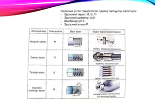 Эрээсний үсгэн тэмдэглэгээг дараах төрлүүдэд хэрэглэдэг.
- Эрээсний төрөл: M, G, Tr
- Эрээсний диаметр: d,d1
- Шилбэний урт L
- Эрээсний алхам Р
 