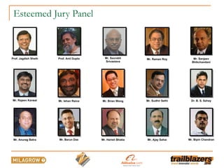 Esteemed Jury Panel Mr. Saurabh Srivastava Mr. Raman Roy Prof. Anil Gupta Prof. Jagdish Sheth Mr. Sanjeev Bhikchandani Mr. Anurag Batra Mr. Ajay Sahai Mr. Barun Das Mr. Harish Bhatia Mr. Bipin Chandran Mr. Rajeev Karwal Mr. Brian Wong Mr. Ishan Raina Dr. B. S. Sahay Mr. Sudhir Sethi 