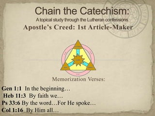 Chain the Catechism: A topical study through the Lutheran confessions Apostle’s Creed: 1st Article-Maker Memorization Verses:   Gen 1:1  In the beginning…  Heb 11:3  By faith we… Ps 33:6 By the word…For He spoke… Col 1:16  By Him all… 