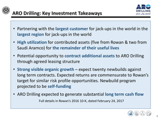 • Partnering with the largest customer for jack-ups in the world in the
largest region for jack-ups in the world
• High utilization for contributed assets (five from Rowan & two from
Saudi Aramco) for the remainder of their useful lives
• Potential opportunity to contract additional assets to ARO Drilling
through agreed leasing structure
• Strong visible organic growth – expect twenty newbuilds against
long term contracts. Expected returns are commensurate to Rowan’s
target for similar risk profile opportunities. Newbuild program
projected to be self-funding
• ARO Drilling expected to generate substantial long term cash flow
Full details in Rowan’s 2016 10-K, dated February 24, 2017
ARO Drilling: Key Investment Takeaways
6
 