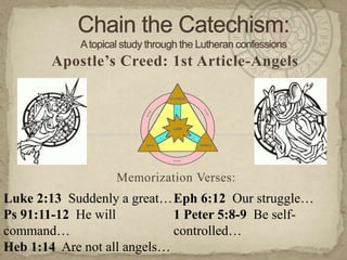Chain the Catechism: A topical study through the Lutheran confessions Apostle’s Creed: 1st Article-Angels Memorization Verses:   Luke 2:13  Suddenly a great… Ps 91:11-12  He will command… Heb 1:14  Are not all angels… Eph 6:12  Our struggle… 1 Peter 5:8-9  Be self-controlled… 