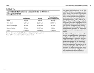 AIRLIFT                                                                                                   RECENT DEVELOPMENT EFFORTS FOR MILITARY AIRSHIPS   19


      Exhibit 11.
                                                                                                            The LEMV-Heavy, the SkyTug, and the Proj-
      Approximate Performance Characteristics of Proposed                                                   ect Pelican airships would carry payloads from
      Airships for Airlift                                                                                  about 20 tons to 60 tons over ranges of about
                                                                                                            1,000 to 3,000 nautical miles. Such perfor-
                                                                                       Project Pelican      mance roughly spans the range and payload
                                      LEMV-Heavy                     SkyTug          (Full-scale version)   performance offered by today’s fixed-wing
                                                                                                            transport aircraft such as the C-130 and the
      Length                            365 Feet                     300 Feet              435 Feet         larger C-17 and C-5. The airships would offer
      Flight Altitude                   9,000 Feet                 10,000 Feet           10,000 Feet        much lower speeds than the fixed-wing aircraft
                                                                                                            would, but the airships would offer the advan-
      Average Cruise Speed               80 Knots                  80-100 Knots            90 Knots         tage of greater independence from airfields.
                                                                                                            Hybrid airships would be slightly slower than
      Maximum Payload                     50 Tons                   20-30 Tons             60 Tons          today’s transport helicopters but have a larger
                                                                                                            range and the ability to carry a heavier
      Range                             1,200 Miles                1,500 Miles           3,100 Miles
                                                                                                            payload.
      Source: Congressional Budget Office based on data provided by manufacturers.
                                                                                                            In addition to lift capacity, issues such as the
      Note: LEMV = Long-Endurance Multi-Intelligence Vehicle.                                               airships’ cost and vulnerability to ground fire
                                                                                                            and high winds would need further study to
                                                                                                            assess the suitability of airships for particular
                                                                                                            airlift missions. Although airships would oper-
                                                                                                            ate at similar altitudes and not dramatically
                                                                                                            lower speeds than helicopters, they would be
                                                                                                            much less maneuverable and thus less able to
                                                                                                            avoid threats along their flight path. Demon-
                                                                                                            stration of the needed technology is at an early
                                                                                                            stage, and costs per airship are highly uncertain
                                                                                                            and are not analyzed in this document. 




CBO
 