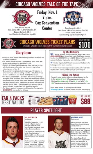 CHICAGO WOLVES TALE OF THE TAPE
Friday, Nov. 1
7 p.m.
Cox Convention
Team Record: 3-5-0-1
Team
Center Last Game: 2-4 LRecord: 4-5-0-1 (Oct. 26)
Last Game: 0-5 L vs. Charlotte (Oct. 27)
at San Antonio
Season Series: 0-0-0-0
Last Meeting: 2-5 Road Loss (April 7)

Season Series: 0-0-0-0
Last Meeting: 5-2 Home Win (April 7)

Storylines
•	 Today’s tilt marks the first of four meetings between the Wolves and
Oklahoma City Barons.
•	 The Wolves grabbed six out of a possible eight points in last year’s
season series between the two clubs (3-1-0-0).
•	 Tonight’s tilt kicks off the Wolves annual circus road trip; the club
will play six games in four cities over the next 15 days before
	 returning home on Nov. 16.
•	 Chicago enters tonight’s contest having dropped three games in
a row and five of its last six outings overall (1-4-0-1); the team has
earned a 3-5-0-1 mark nine tilts into the 2013-14 campaign.
•	 The Wolves posted a 3-5-0-1 record and .389 winning percentage
during the month of October, which marks their third-lowest winning
percentage during the first month of the season in franchise history;
the 2002-03 squad (1-4-1-1, .286 winning percentage in October) and
the 2009-10 team (3-6-0-1, .350) both went on to win more than 43
games and make the playoffs in their respective seasons.
•	 The Wolves saw their first player recall happen on Thursday when
CHRIS PORTER was recalled by St. Louis.

By The Numbers

363 - Number of games (including playoffs) Wolves head coach

JOHN ANDERSON and Barons head coach Todd Nelson coached
together from 2006-08 (Wolves) and 2008-10 (Atlanta Thrashers); the
duo won the Calder Cup together with the Wolves in 2008.

	

10 - Number of goals the Wolves have outscored the Barons the
last six games the teams have met.

	

4 - Number of consecutive periods Chicago has failed to dent the
net; the club is scoring just 2.22 goals per game this year.

Follow The Action

Tonight’s game begins at 7 p.m. and can be seen on The
U-Too (WCIU-DT 26.2). U-Too also can be found on
	 XFinity’s Chs. 248 and 360, RCN’s Ch. 35 and WOW’s Ch.
170. The game can also be streamed on www.ahllive.com.
Those away from a TV or computer can follow
@Chicago_Wolves on Twitter for live in-game play-by-play.

PLAYER SPOTLIGHT
#35 JAKE ALLEN

#29 BRAD HUNT

Jake Allen has posted a 3-0-1
record, 1.47 goals-against
average, and a .956 save
percentage in four career starts
at Cox Convention Center.

Barons blueliner Brad Hunt
began his professional career
with the Wolves.

Goaltender

The 23-year-old has stopped 130
of 136 shots he faced in
Oklahoma City and allowed just
one marker in his lone shootout
defeat.
The Fredericton, N.B., native has
earned a 3-2-1 mark, 2.79 goalsagainst average and .918 save
percentage in six starts this year.

Defenseman

The 25-year-old joined Chicago
after his senior year at Bemidji
State in the spring of 2012 and
then skated in 65 outings during
the 2012-13 regular season.
The Maple Ridge, British
Columbia, native registered 33
assists and 38 points in 79
regular-season outings with
Chicago and added 4 points
(G, 3A) in five playoff tilts.

 
