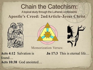 Chain the Catechism: A topical study through the Lutheran confessions Apostle’s Creed: 2ndArticle-Jesus Christ Memorization Verses:   Acts 4:12  Salvation is found… Acts 10:38  God anointed… Jn 17:3  This is eternal life… 