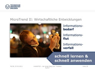MicroTrend II: Wirtschaftliche Entwicklungen
                                                            Informations-
                                                            bedarf

                                                            Informations-
                                                            flut

                                                            Informations-
                                                            verfall

                                               schnell lernen &
                                               schnell anwenden
MLCB, 22.03.2011   mobileTUD – der lange Weg zum "mobilen               Folie 28
                                    Ruhm"
 