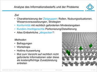 Analyse des Informationsbedarfs und der Probleme

                                     Ziel
                                     • Charakterisierung der Zielgruppen: Rollen, Nutzungssituationen,
                                       Wissensvoraussetzungen, Strategien
                                     • Konformität mit rechtlich geforderten Mindestangaben
                                     • Kunden-/marktgerechte Portionierung/Detaillierung
                                     • Alles Entbehrliche „abspecken“!

                                     Methoden
                                     • Befragungen
                                     • Workshops
                                     • Hotline-Auswertung
                                     • Mut zum Verzicht auf rechtlich nicht
                                       geforderte Informationen oder diese
                                       als kostenpflichtige Zusatzleistung
                                       anbieten

Klingelnberg GmbH · Peterstraße 45 · D-42499 Hückeswagen · Klingelnberg AG · Binzmühlestrasse 171 · CH-8050 Zürich – Folie   Einführung Docuglobe   kep - 02_2011
 