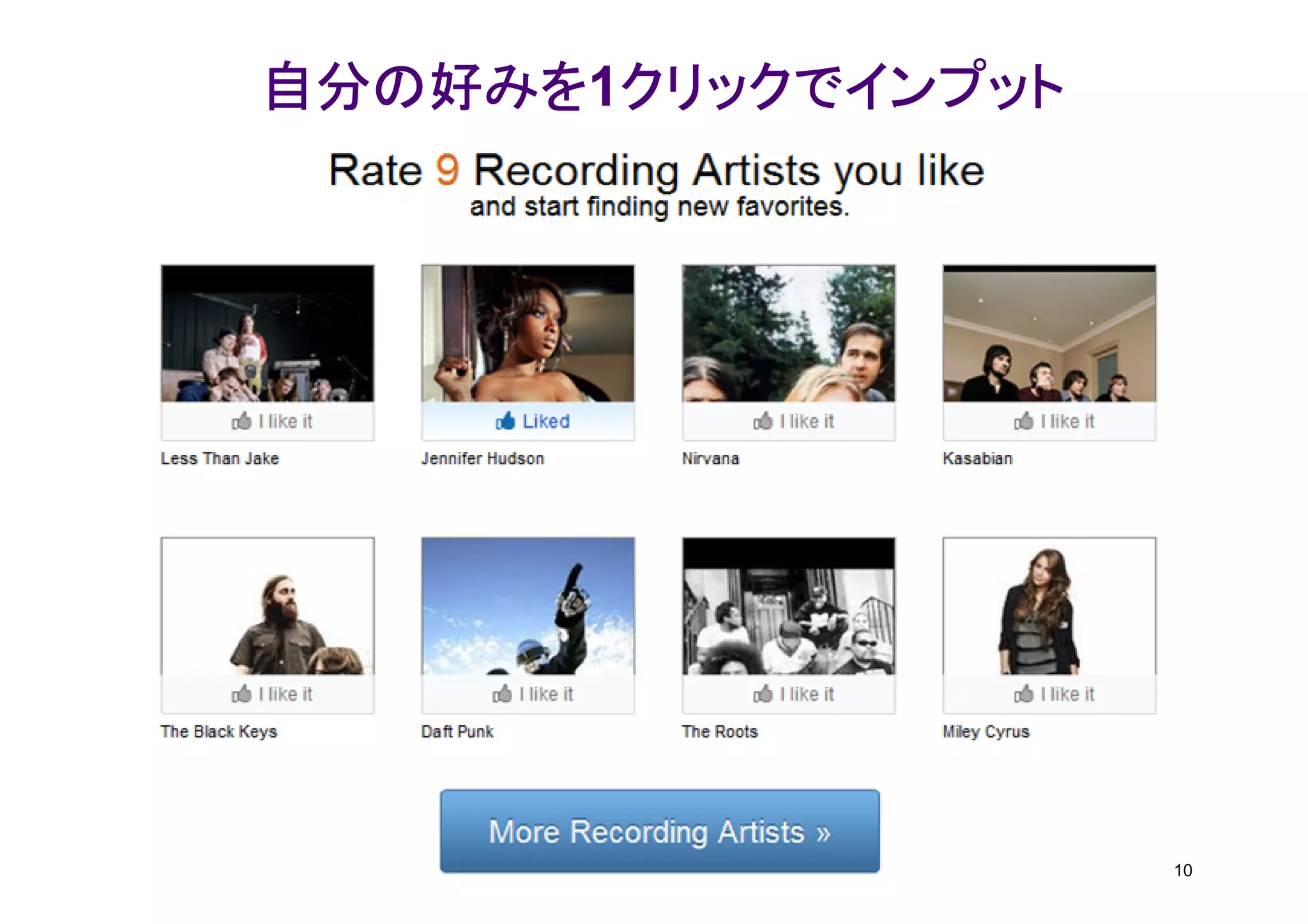 自分の好みを1クリックでインプット
自分の好みを クリックでインプット




                    10
 