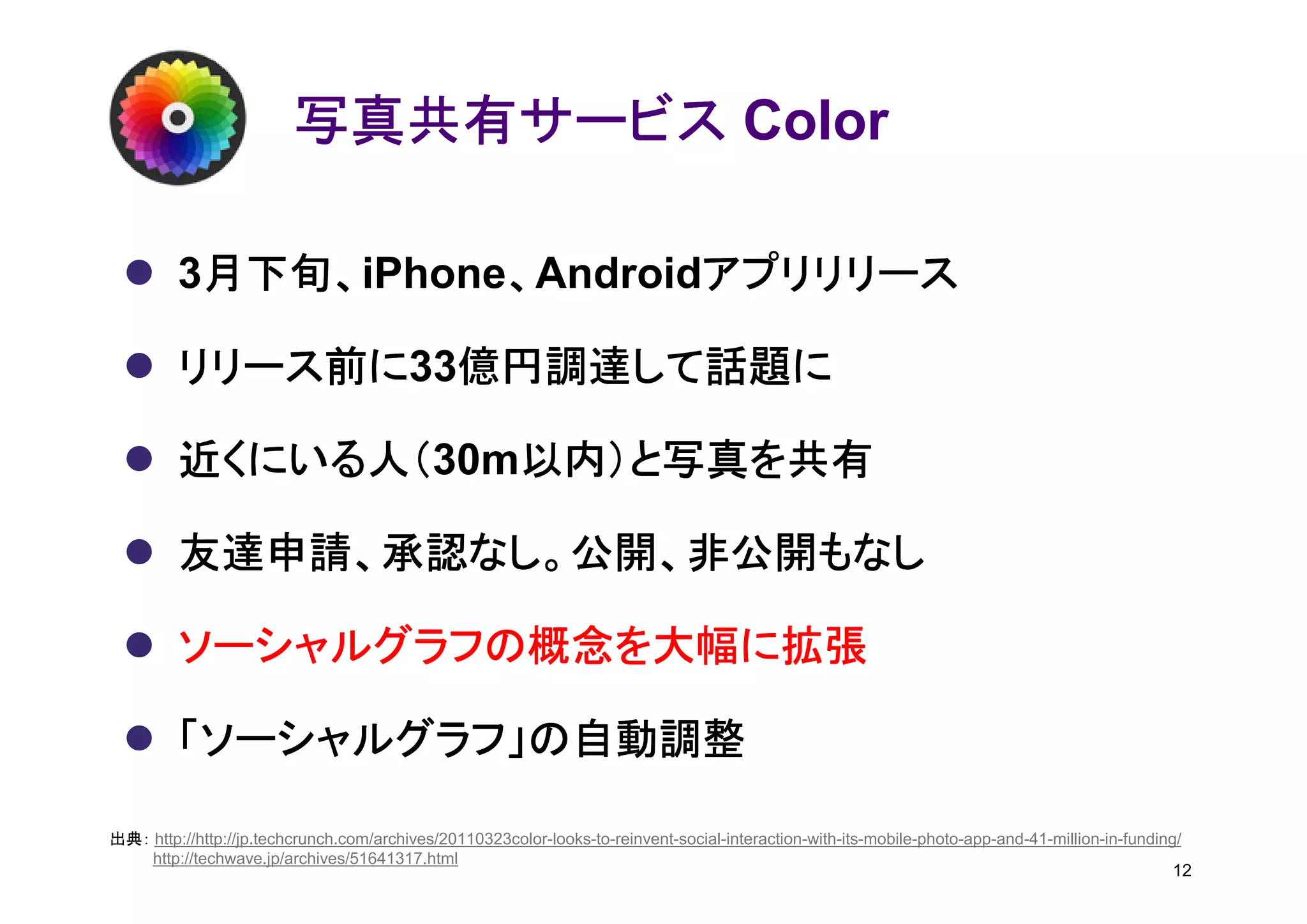 写真共有サービス Color

          月下旬、iPhone、Androidアプリリリース
          月下旬、
         3月下旬、      、       アプリリリース

         リリース前に33億円調達して話題に
         リリース前に 億円調達して話題に

         近くにいる人（30m以内）と写真を共有
         近くにいる人（   以内）と写真を共有

         友達申請、承認なし。公開、非公開もなし

         ソーシャルグラフの概念を大幅に拡張

         「ソーシャルグラフ」の自動調整

出典： http://http://jp.techcrunch.com/archives/20110323color-looks-to-reinvent-social-interaction-with-its-mobile-photo-app-and-41-million-in-funding/
    http://techwave.jp/archives/51641317.html
                                                                                                                                                   12
 