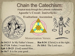 Chain the Catechism: A topical study through the Lutheran confessions Apostle’s Creed: 2ndArticle- Exaltation: Ascension Memorization Verses:   Jn 14:2-3  In My Father’s house… Jn 17:24  Father, I want those… Eph 1:20-23  [God] seated Him… Jn 16:7  It is for your good… Rm 8:34  [Christ] is at the right… Ps 110:1  The Lord says… 