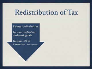 Redistribution of Tax
Release 100% of oil tax

Increase 100% of tax
on demerit goods

Increase 10% of
income tax (over $150,000)
 