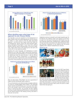 Page 3                                                                                                                                                                                         Aim to Win in 2012



                                              Average Effectiveness of World Cup 2010                                                                              Impact of Country Morale (Success of Athletes)
                                                 Global Campaigns in 5 Countries                                                                                            on Advertising Performance
                                                    Reach                                                              Response                                                                       140
                                                                                                                                                                                 130
                                                                                                                                                                          123
                                                                                                                                                                    116
         Reach (Branded Recognition)




                                                                                                                                                                                                110




                                                                             Response (Positive Feelings)
                                                                                                                                                                                          101

                                                                                                                                                                                                                 78         82
                                                                                                                                                                                                                       75




                                                                                                                                                   Average Index
                                       Market Market Market Market Market                                   Market Market Market Market Market
                                         1      2      3      4      5                                        1      2      3      4      5                               Visibility         Brand Link       Positive Feelings
             Source: Ipsos World Cup 2010 Study                                                                                                                                                              towards the brand

                                                                                                                                                                             ˾ Low Morale ˾ Neutral Morale ˾ High Morale
      When deciding upon what type of ad                                                                                                             Source: Ipsos World Cup 2010 Study

      approach to use, Choose Wisely
                                                                                                                                                 Celebrities continue to benefit and hinder breakthrough. To
      Your Big Idea is just one ingredient in the development of
                                                                                                                                                 be effective, the celebrity needs to be relevant to the event
      great creative. Given the media expenditure, and the amount
                                                                                                                                                 as well as to the brand. During the 2010 World Cup, ads
      of clutter, it is also critical to find the right executional
                                                                                                                                                 that featured well-known football /soccer celebrities broke
      approach – one that will have impact rather than fade into
                                                                                                                                                 through and were associated to the advertised brand: there
      the background. Various tactics like event-themed adver­
                                                                                                                                                 was seamless integration of the celebrity with the brand
      tising, leveraging “Ring Rights” if you have them, (official
                                                                                                                                                 together with a relevant football /soccer scenario.
      Olympic Sponsor status) national pride, or the use of celeb-
      rities, might make sense at the starting line. But each one                                                                                World Cup ads
      comes with its own potential pitfalls.
      Speaking the same language, and developing an event-
      themed ad can help drive higher sponsorship awareness.
      But ensure that your brand benefits. In an environment where
      all advertising could be event-themed, it will be difficult
      to stand out as unique. Furthermore, it is challenging to
                                                                                                                                                 Brazil – Samsung                                  Germany – Nutella
      communicate both a sponsorship and a branded message.
      Consumers may remember your ad, but not what you said.

                                        Performance of Event Themed Ads versus Others
                                                 during the 2010 World Cup
                                                       126
                                                 113                                                                      107    100
                                                                        83                           79                                          Spain – Cruzcampo
         Average Index




                                                                                                                                                                                 During the 2011 Super Bowl,
                                                                                                                                                                                 where many different types of
                                                                                                                                                                                 celebrities were showcased,
                                                 Visibility            Brand Link                                     Positive Feelings                                          the opposite held true. Many
                                                                                                                     towards the brand                                           celebrity ads failed to break-
                                                                                               ˾ Not Event themed ˾ Event themed                                                 through in the same way that
            Source: Ipsos World Cup 2010 Study
                                                                                                                                                 Super Bowl 2011 – Snickers      ads that featured less expen-
                                                                                                                                                 sive talent did (like dogs and babies). But many of the celeb-
      Also, our data shows, “Ring Rights” are not a guarantee of
                                                                                                                                                 rities used were neither relevant to (American) football, nor
      higher ad recall. Remember, great creative is.
                                                                                                                                                 were they showcased in a scenario that was relevant to the
      The use of patriotism and national pride to engage audiences                                                                               game, meaning consumers had to work too hard to under-
      can also be a double-edged sword. While it can positively                                                                                  stand what was going on.
      impact overall ad performance, you must pay close atten-
      tion to the morale or spirit of the countries you are adver­
      tising in during the event: ask yourself, are their athletes
      winning or losing? Advertising effectiveness is clearly affected
      by the overall morale of the viewing country, and there is
      only ever one winner.


Ipsos ASI – The Advertising Research Specialists
 