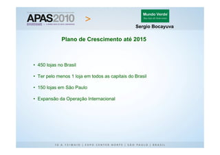Sergio Bocayuva

             Plano de Crescimento até 2015



• 450 lojas no Brasil

• Ter pelo menos 1 loja em todos as capitais do Brasil

• 150 lojas em São Paulo

• Expansão da Operação Internacional
 