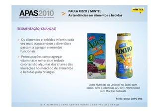 PAULA RIZZO / MINTEL
                                  As tendências em alimentos e bebidas


[SEGMENTAÇÃO: CRIANÇAS]


> Os alimentos e bebidas infantis cada
  vez mais transcendem a diversão e
  passam a agregar elementos
  funcionais.
> Preocupações como agregar
  vitaminas e minerais e reduzir
  calorias são algumas das chaves das
  inovações no mercado de alimentos
  e bebidas para crianças.


                                                Ades Nutrikids da Unilever no Brasil com
                                              cálcio, ferro e vitaminas A,C e E; Ninho Soleil
                                                           com Mucilon da Nesté

                                                                       Fonte: Mintel GNPD IRIS
 