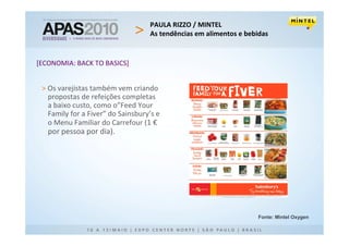 PAULA RIZZO / MINTEL
                                   As tendências em alimentos e bebidas


[ECONOMIA: BACK TO BASICS]


 > Os varejistas também vem criando
   propostas de refeições completas
   a baixo custo, como o”Feed Your
   Family for a Fiver” do Sainsbury’s e
   o Menu Familiar do Carrefour (1 €
   por pessoa por dia).




                                                                   Fonte: Mintel Oxygen
 