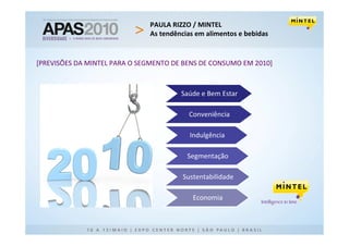PAULA RIZZO / MINTEL
                              As tendências em alimentos e bebidas


[PREVISÕES DA MINTEL PARA O SEGMENTO DE BENS DE CONSUMO EM 2010]



                                       Saúde e Bem Estar

                                         Conveniência

                                          Indulgência

                                         Segmentação

                                       Sustentabilidade

                                           Economia
 