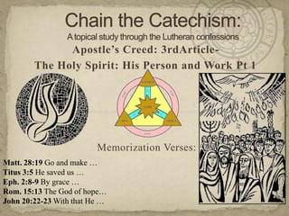 Chain the Catechism: A topical study through the Lutheran confessions Apostle’s Creed: 3rdArticle- The Holy Spirit: His Person and Work Pt 1 Memorization Verses:   Matt. 28:19 Go and make … Titus 3:5 He saved us … Eph. 2:8-9 By grace … Rom. 15:13 The God of hope… John 20:22-23 With that He … 